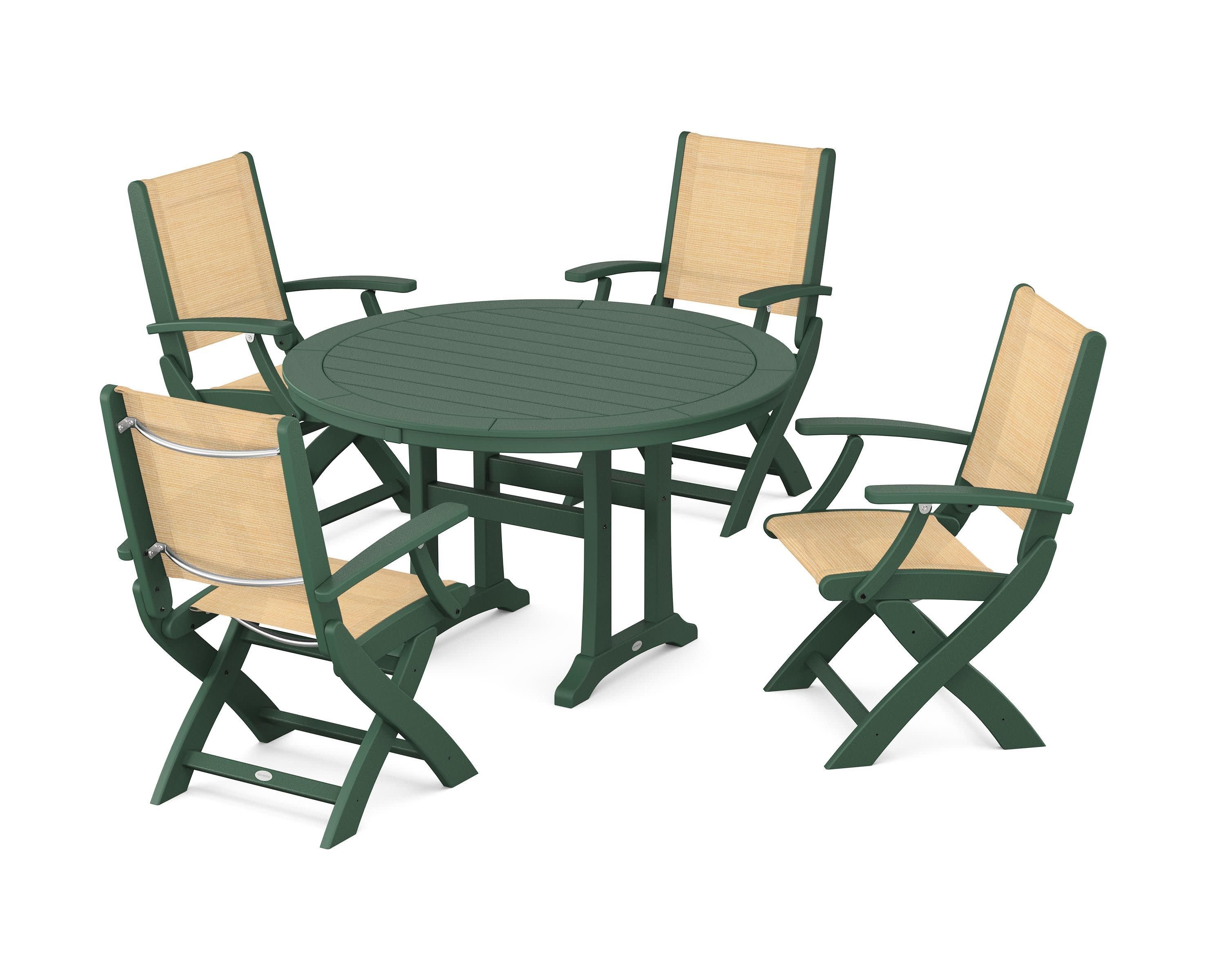 Coastal Folding Chair 5-Piece Round Dining Set with Trestle Legs in Green / Dupioni Apricot Sling