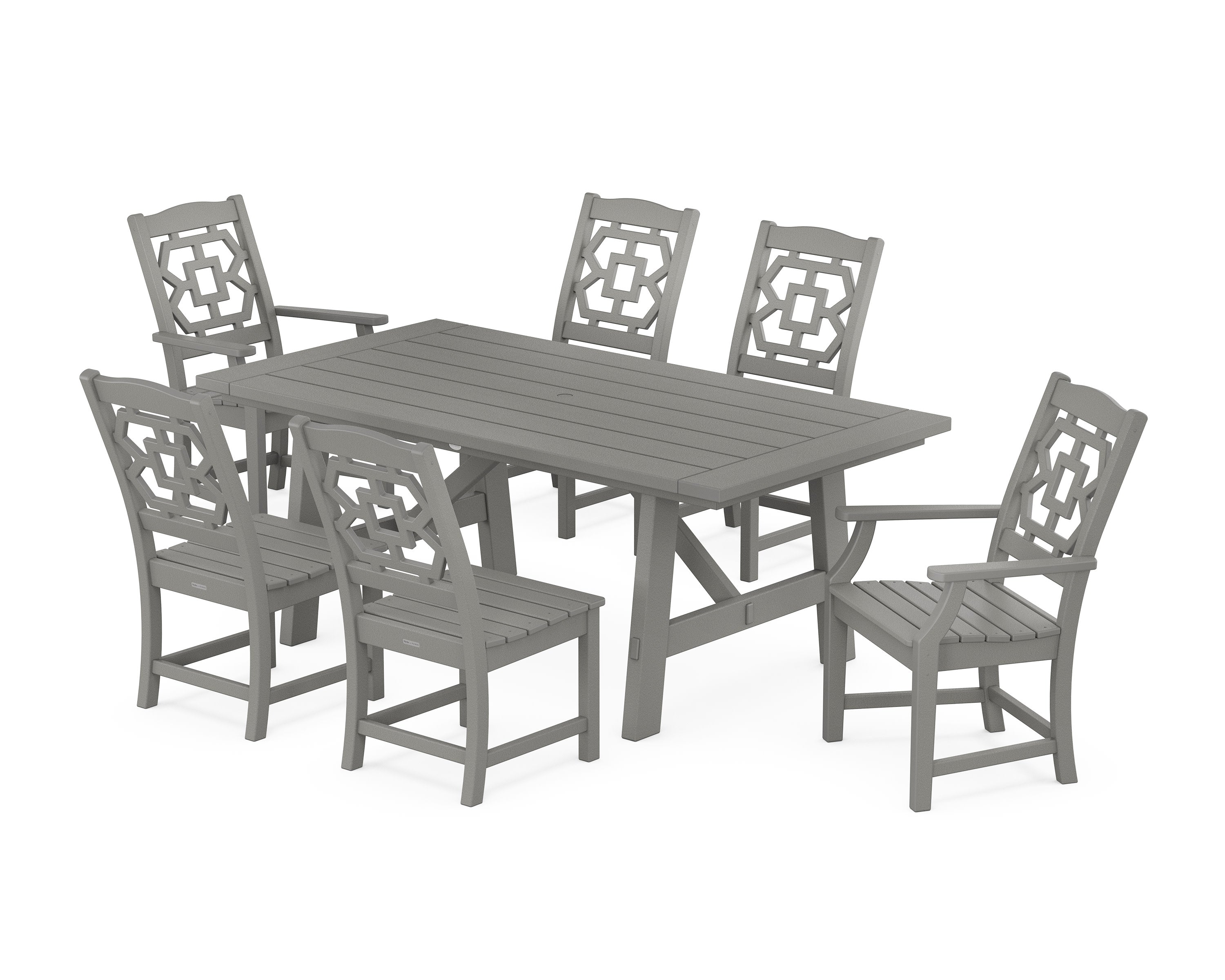 Chinoiserie 7-Piece Rustic Farmhouse Dining Set in Slate Grey