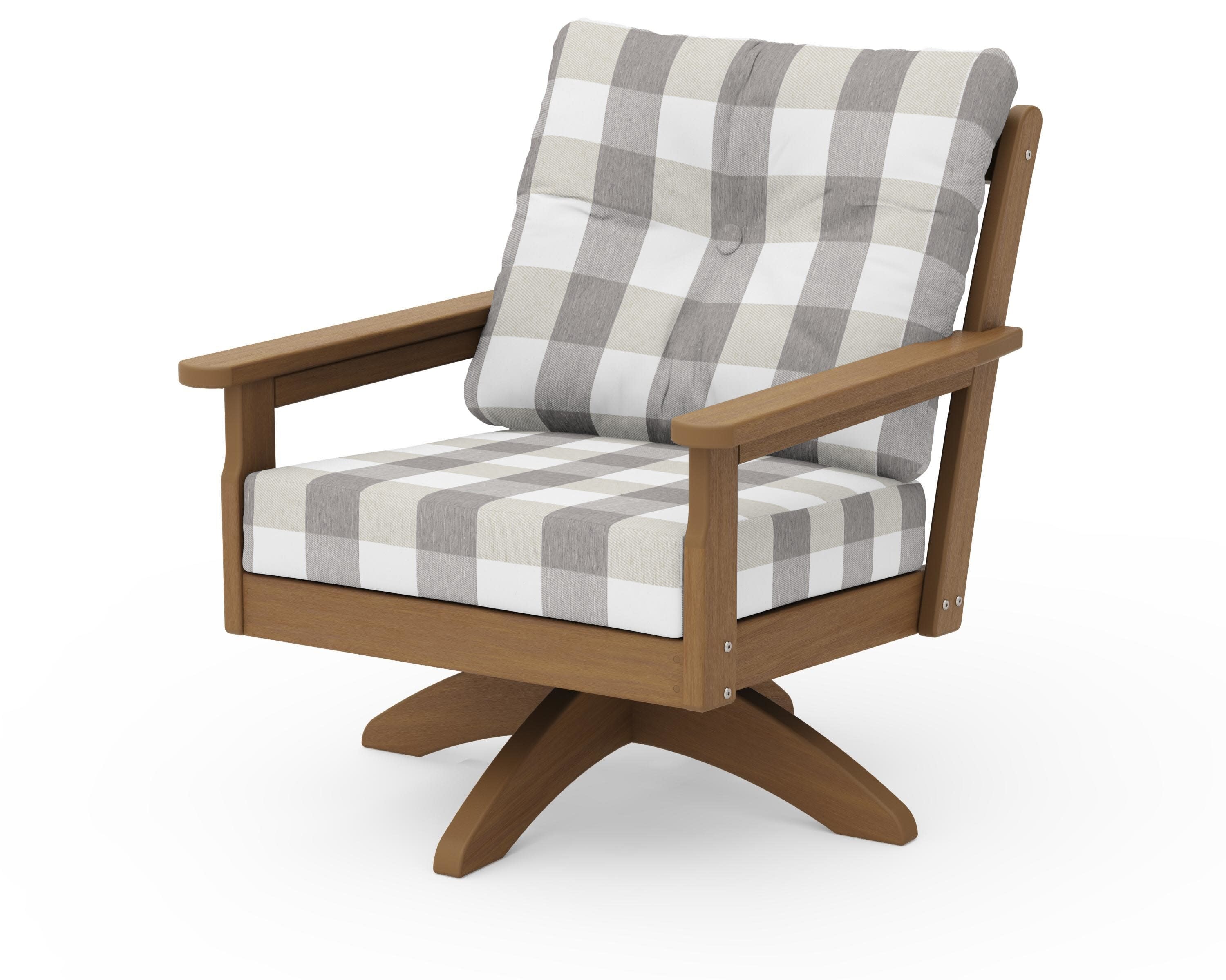 Vineyard Deep Seating Swivel Chair in Natural / Buffalo Plaid Grey Mist