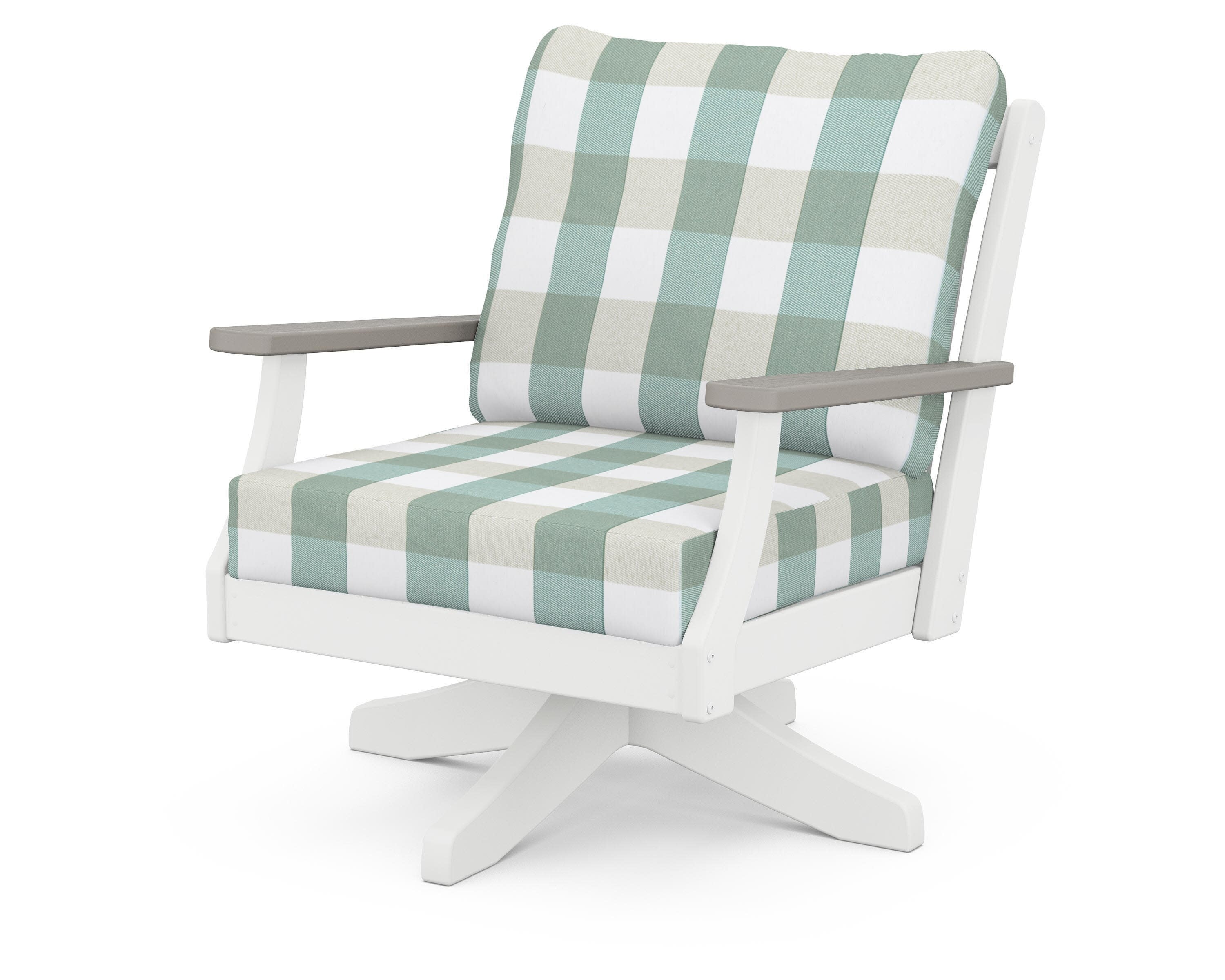 Braxton Deep Seating Swivel Chair in White / Driftwood / Buffalo Plaid Glacier Spa
