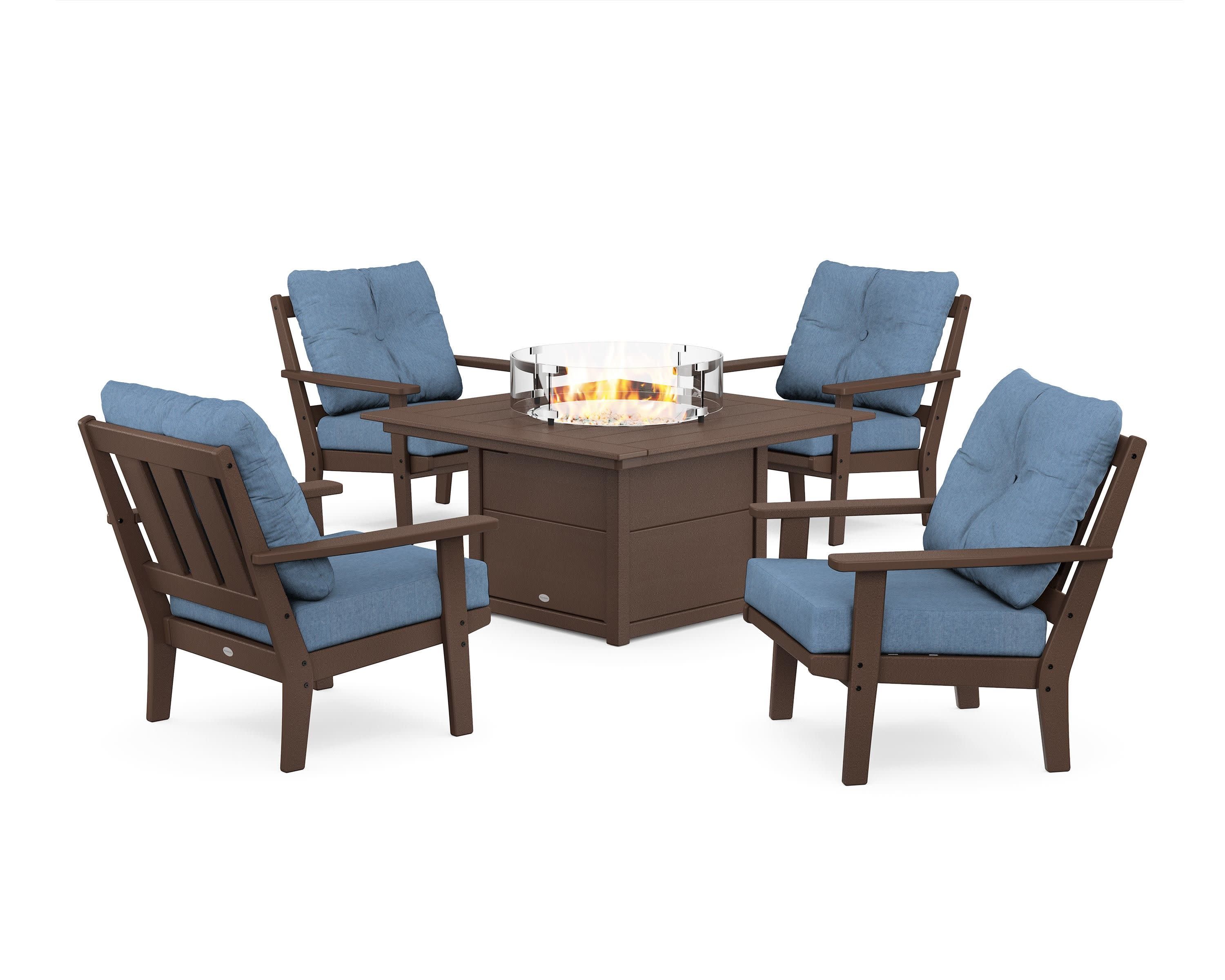 Oxford 5-Piece Deep Seating Set with Fire Pit Table in Mahogany / Sky Blue