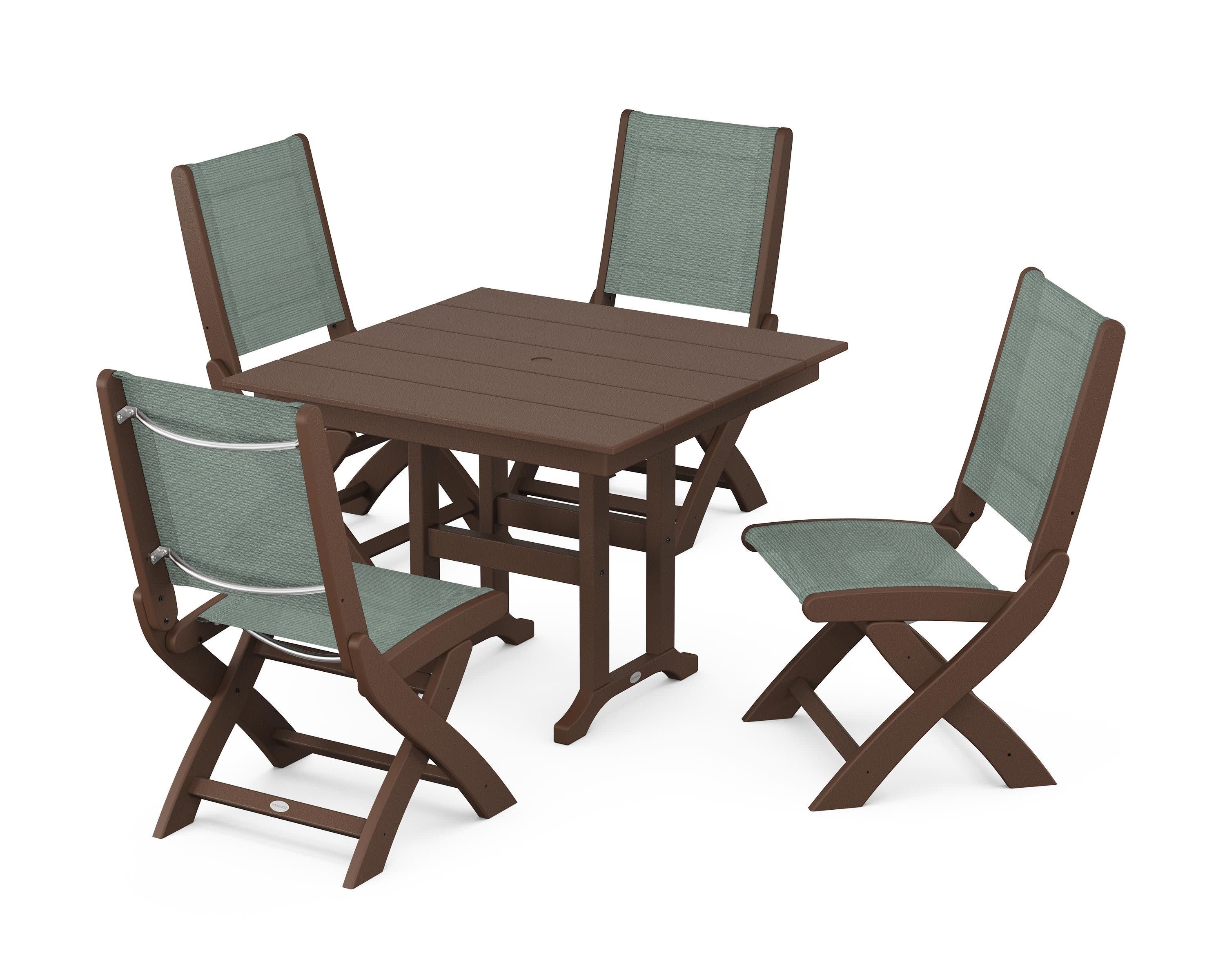 Coastal Folding Side Chair 5-Piece Farmhouse Dining Set in Mahogany / Dupioni Sea Mist Sling