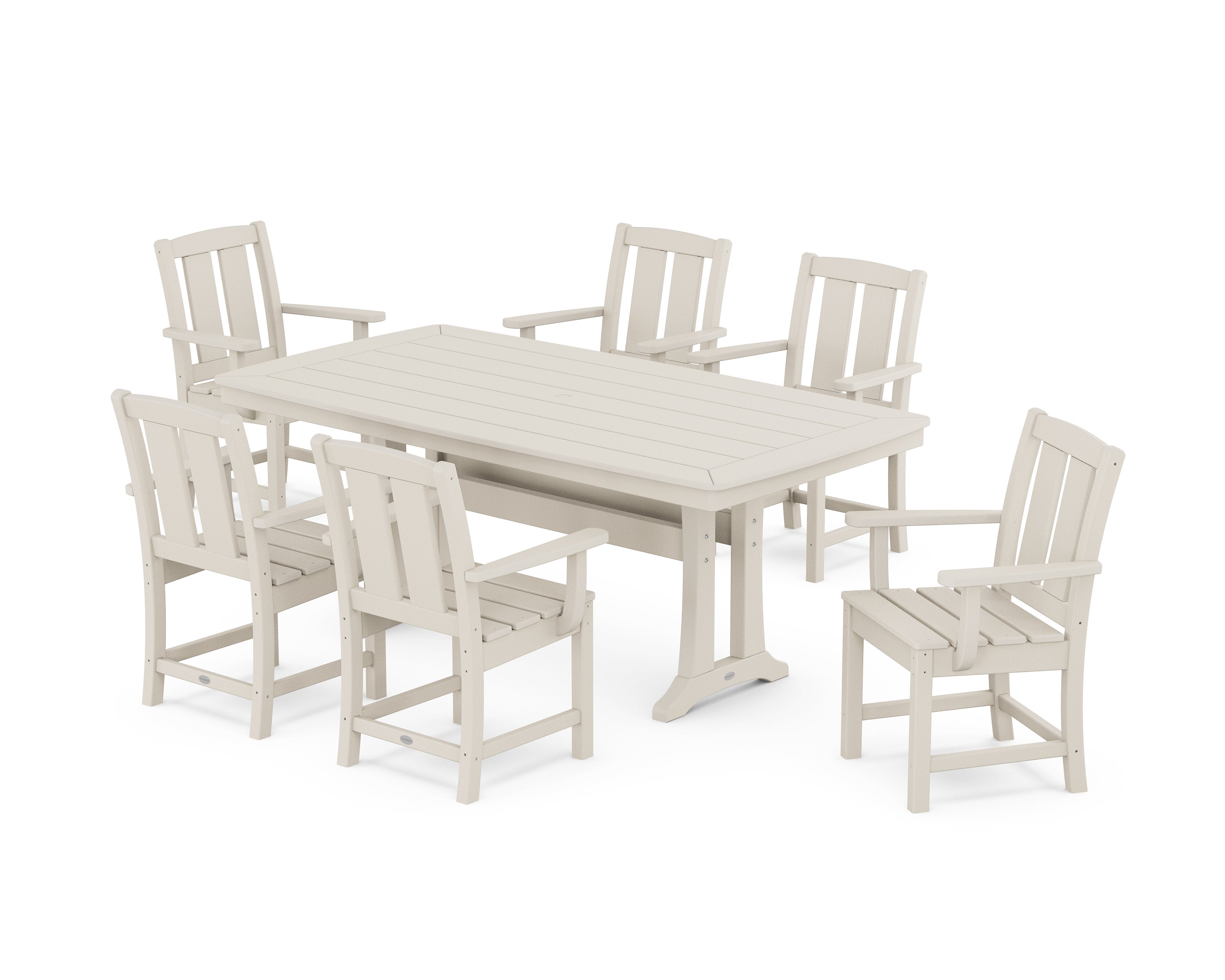 Mission Arm Chair 7-Piece Dining Set with Trestle Legs in Sand
