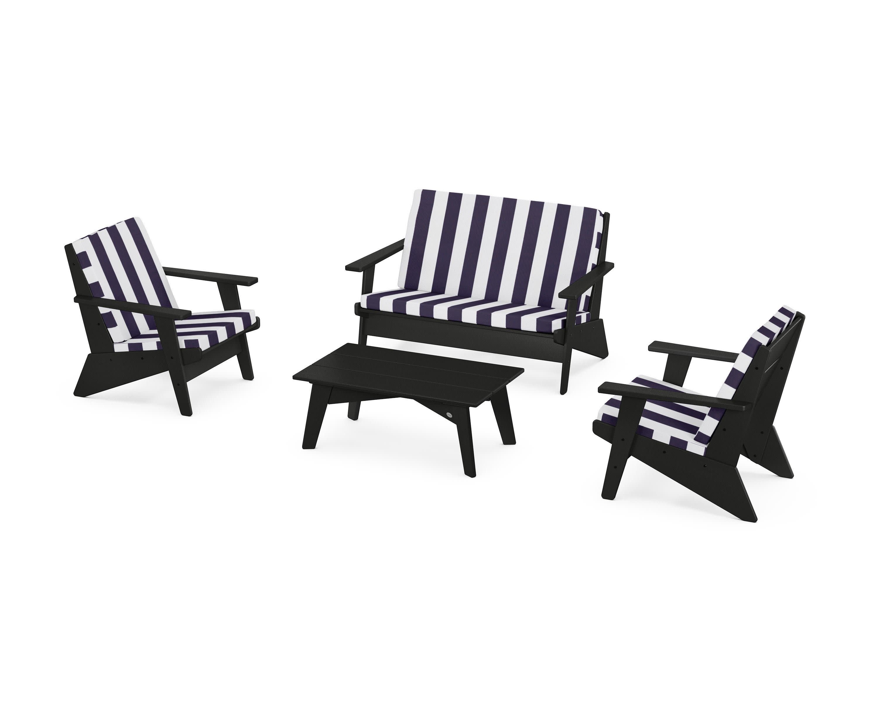 Riviera Modern Lounge 4-Piece Set in Black / Cabana Stripe Navy