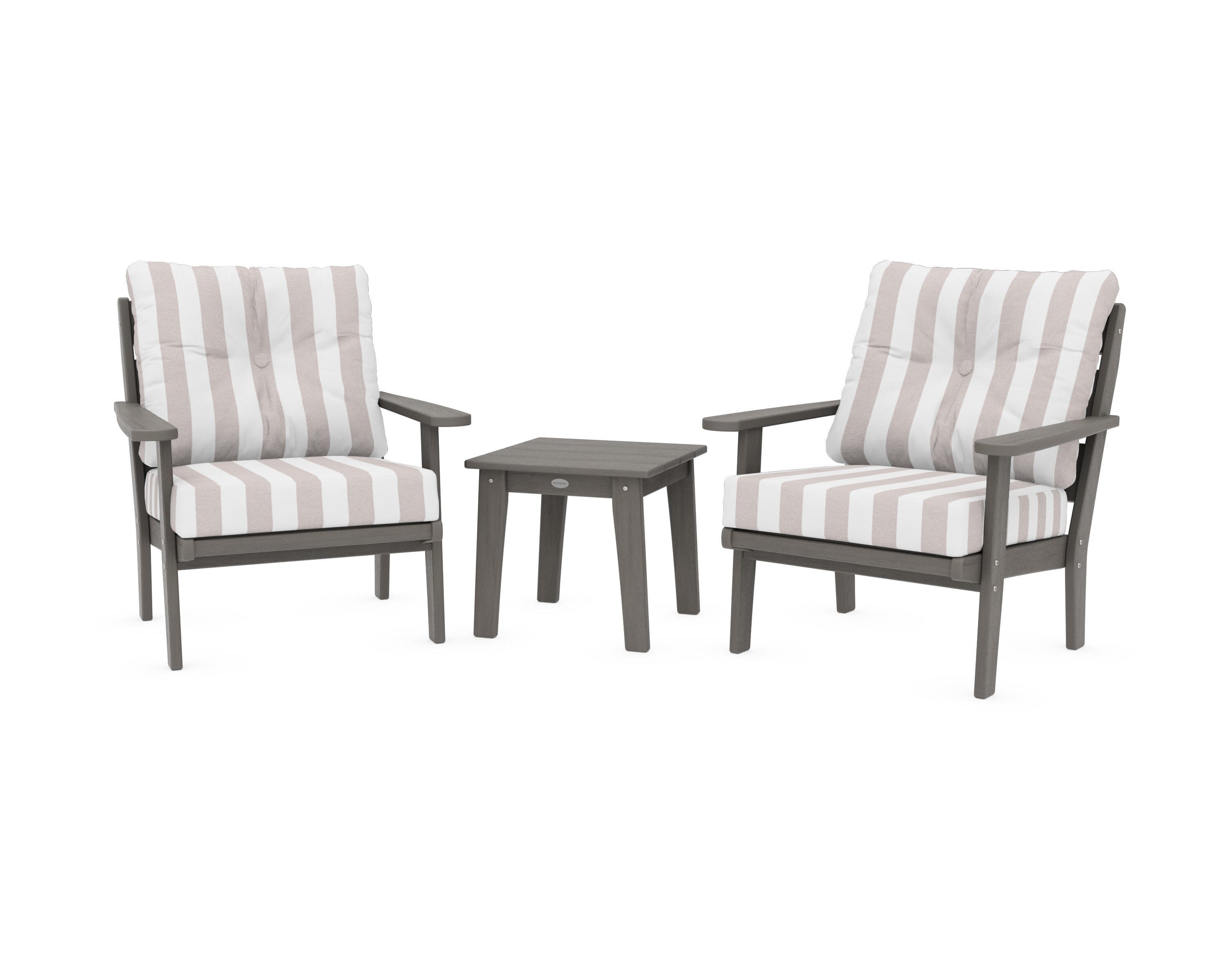 Lakeside 3-Piece Deep Seating Chair Set in Driftwood / Cabana Stripe Dune Burlap