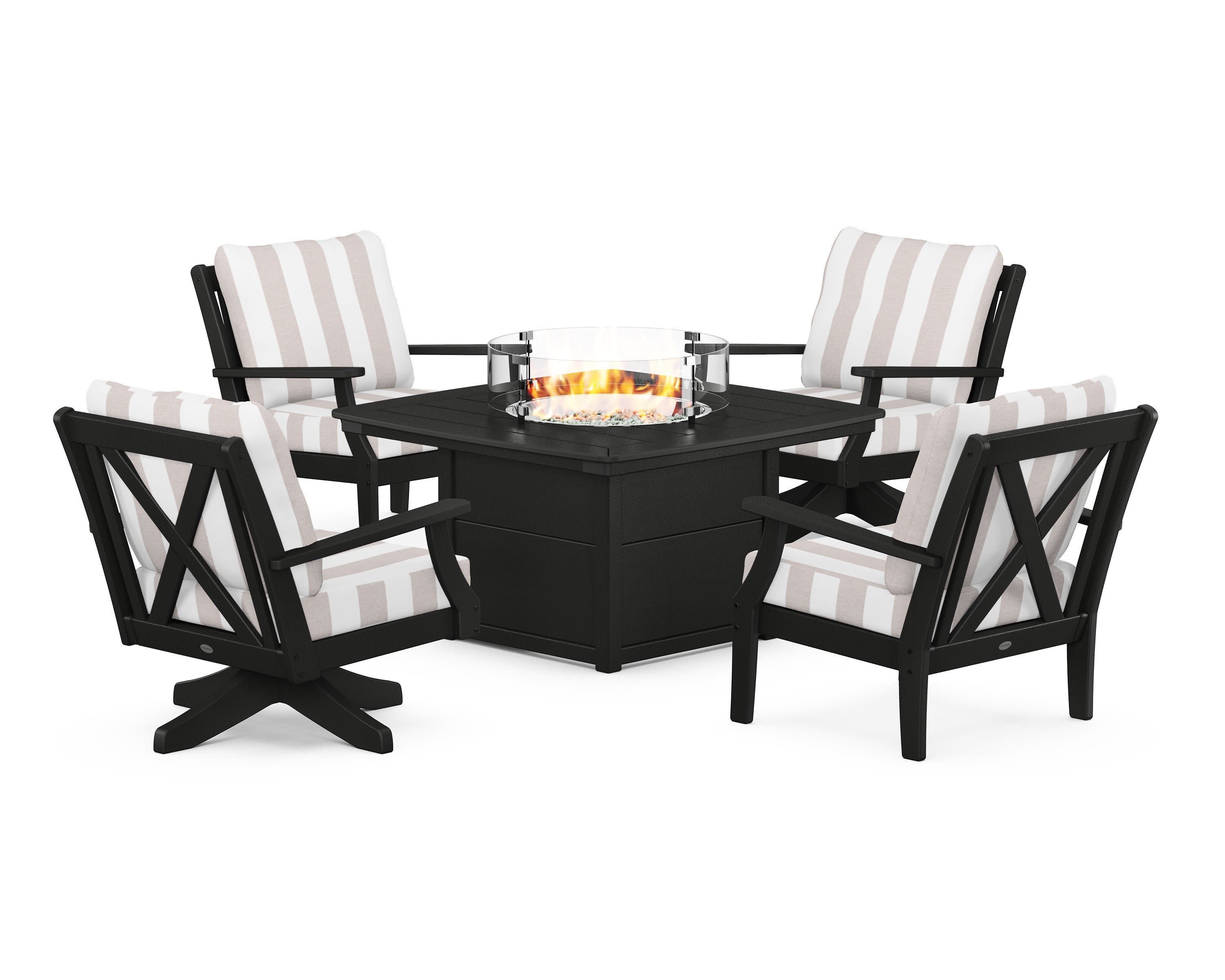 Braxton 5-Piece Deep Seating Set with Fire Table in Black / Cabana Stripe Dune Burlap