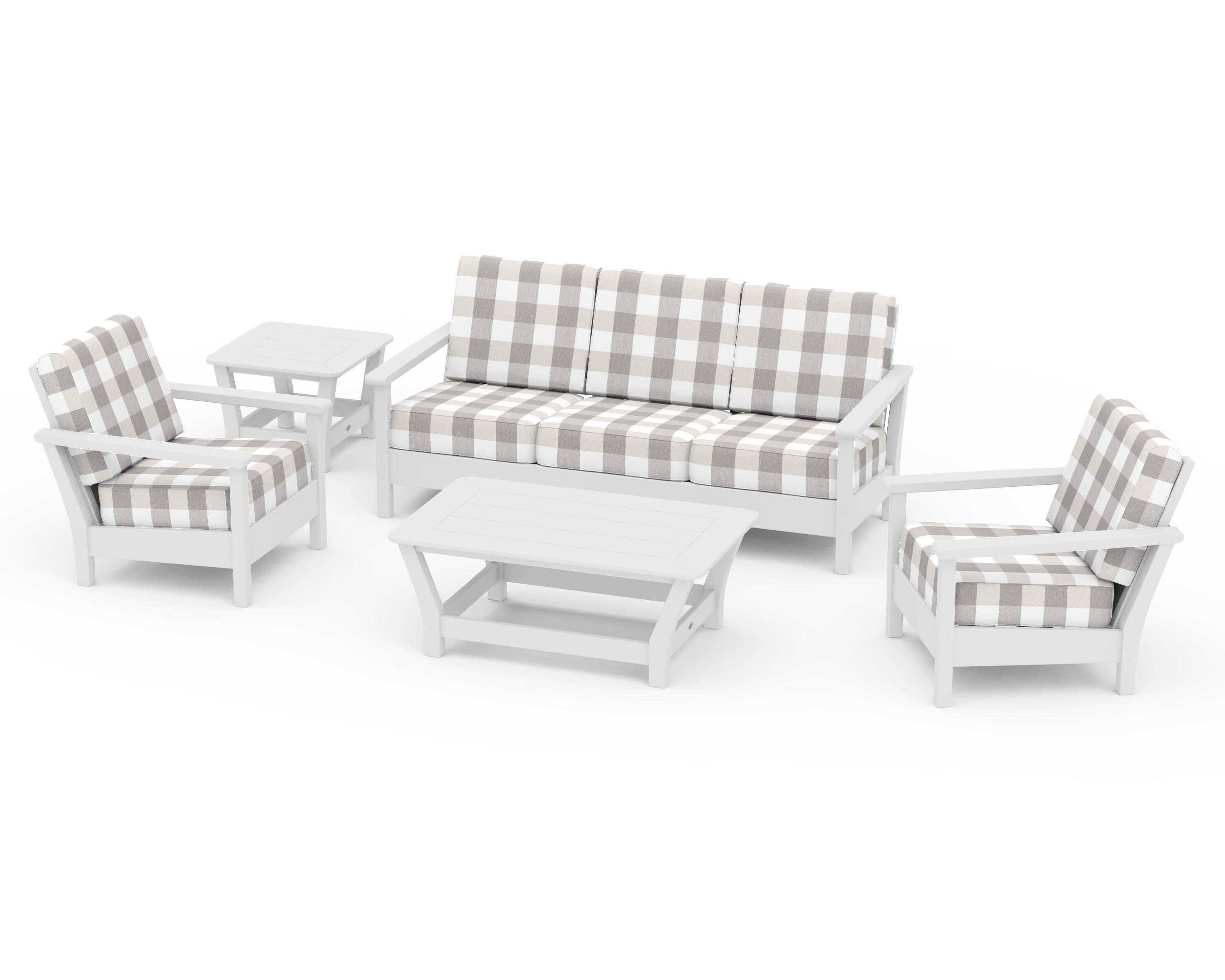 Harbour 5-Piece Deep Seating Set in White / Buffalo Plaid Grey Mist