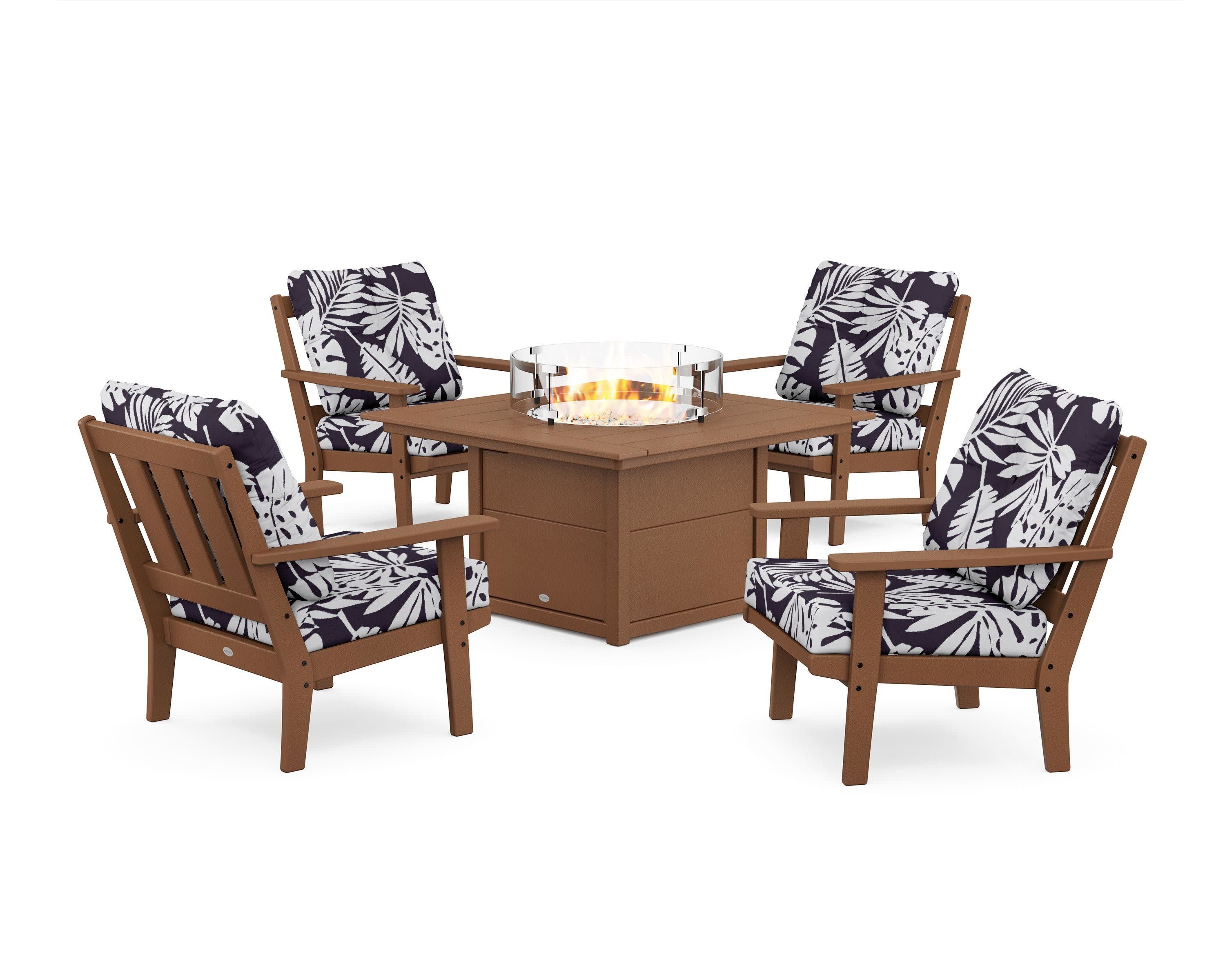 Oxford 5-Piece Deep Seating Set with Fire Pit Table in Teak / Leaf Navy