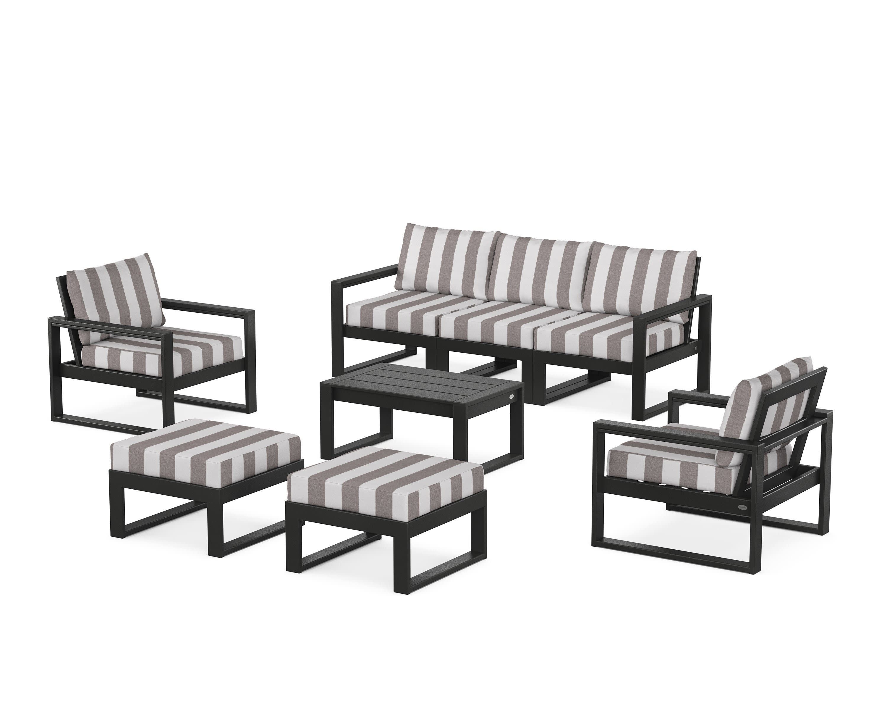 EDGE Sectional 8-Piece Lounge Sofa Set in Black / Cabana Stripe Grey Mist