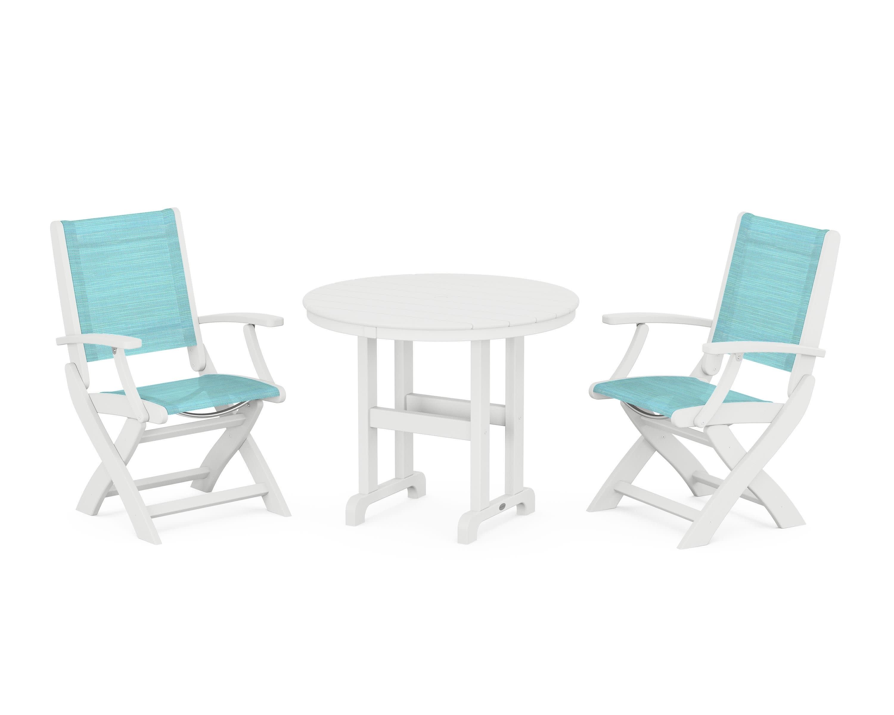 Coastal Folding Chair 3-Piece Round Dining Set in White / Dupioni Aquamarine Sling
