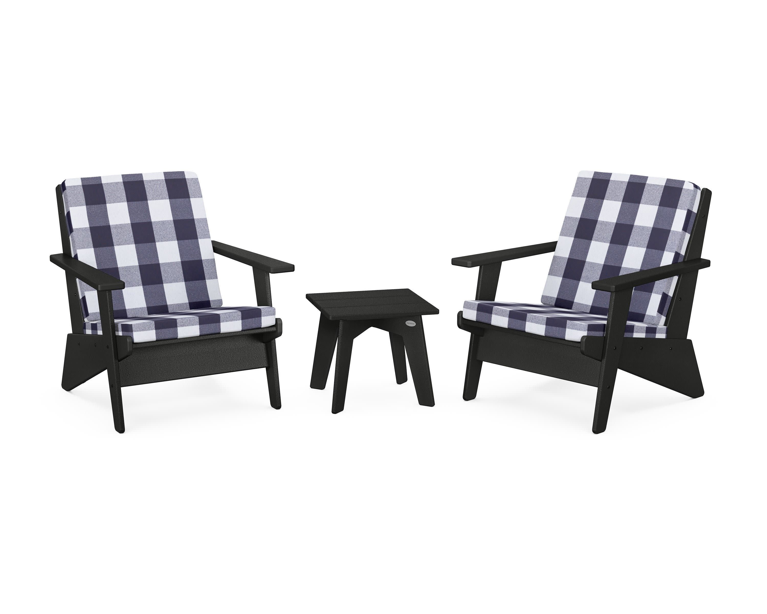 Riviera Modern Lounge 3-Piece Set in Black / Buffalo Plaid Navy