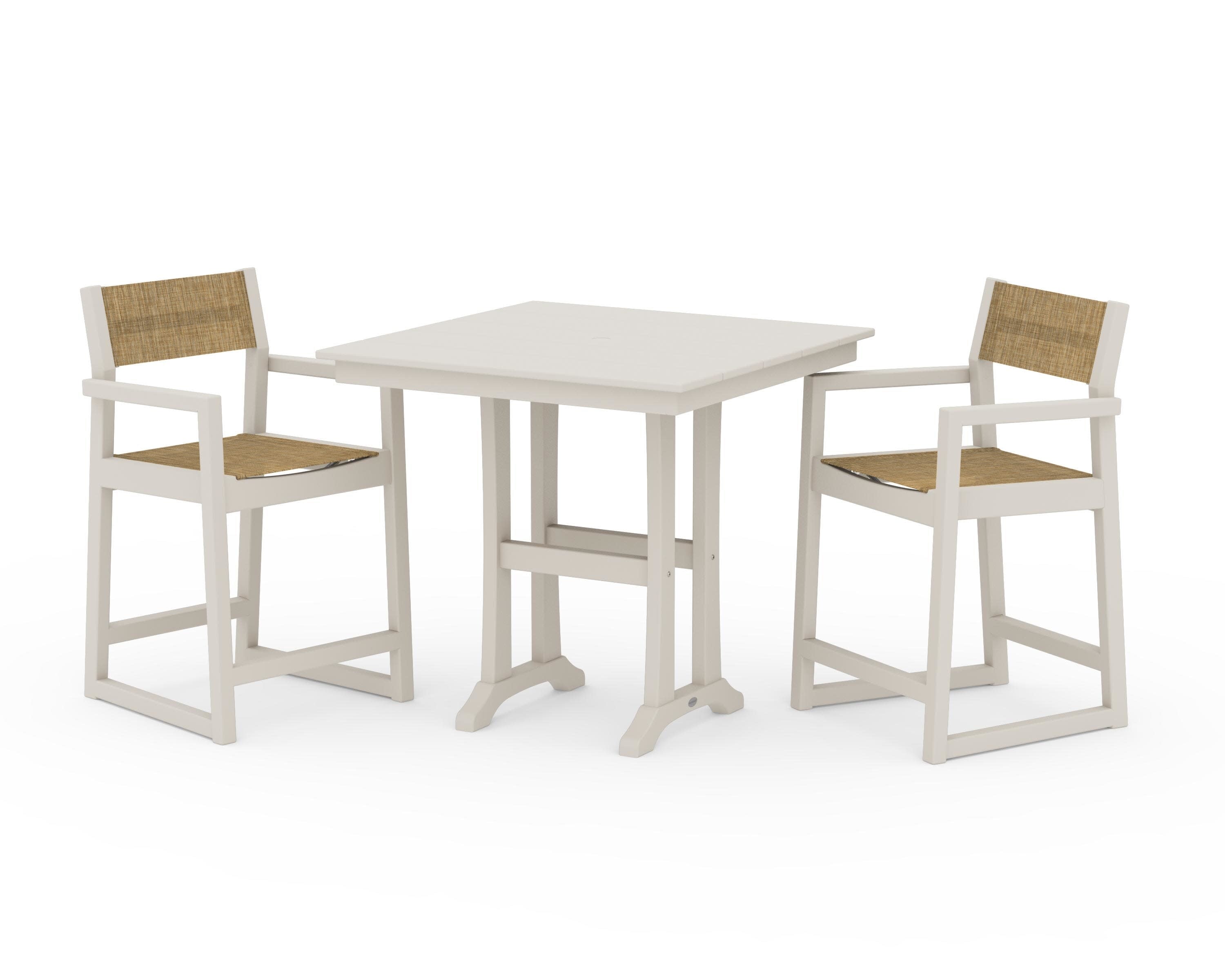 EDGE Sling Arm Chair 3-Piece Farmhouse Counter Set with Trestle Legs in Sand / Burlap Sling