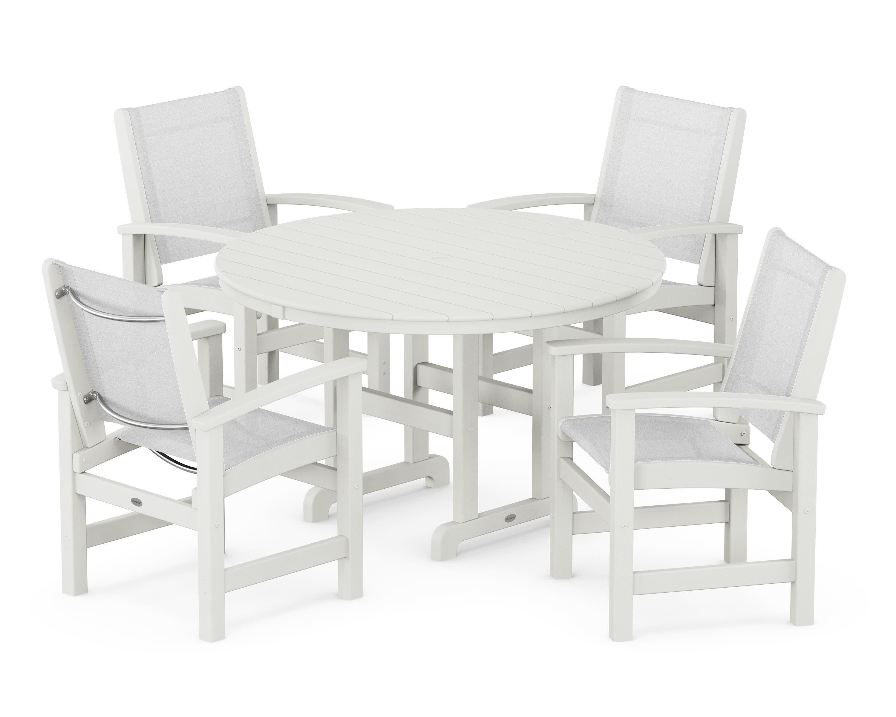 Coastal 5-Piece Round Farmhouse Dining Set in Vintage White / White Sling