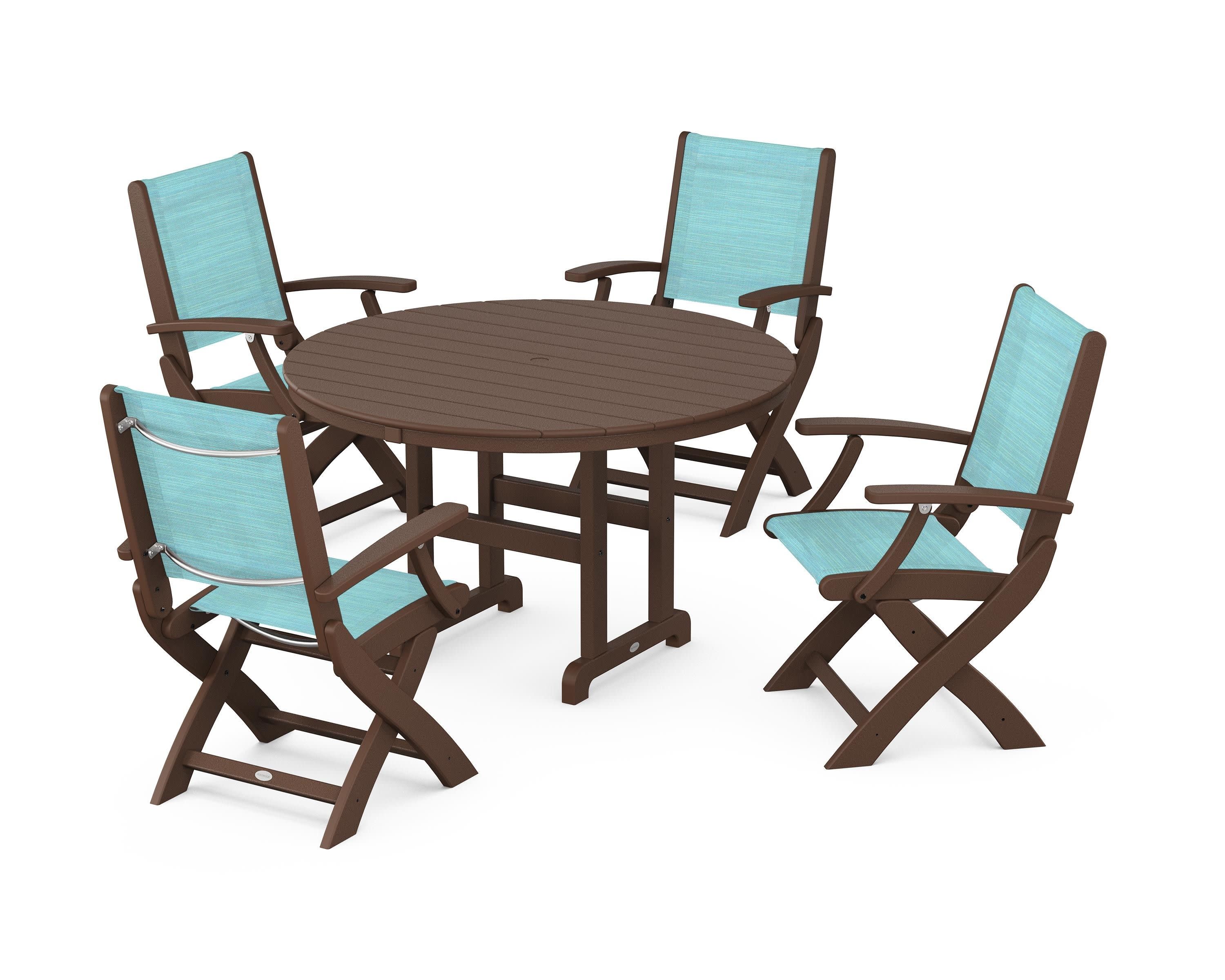 Coastal Folding Chair 5-Piece Round Dining Set in Mahogany / Dupioni Aquamarine Sling