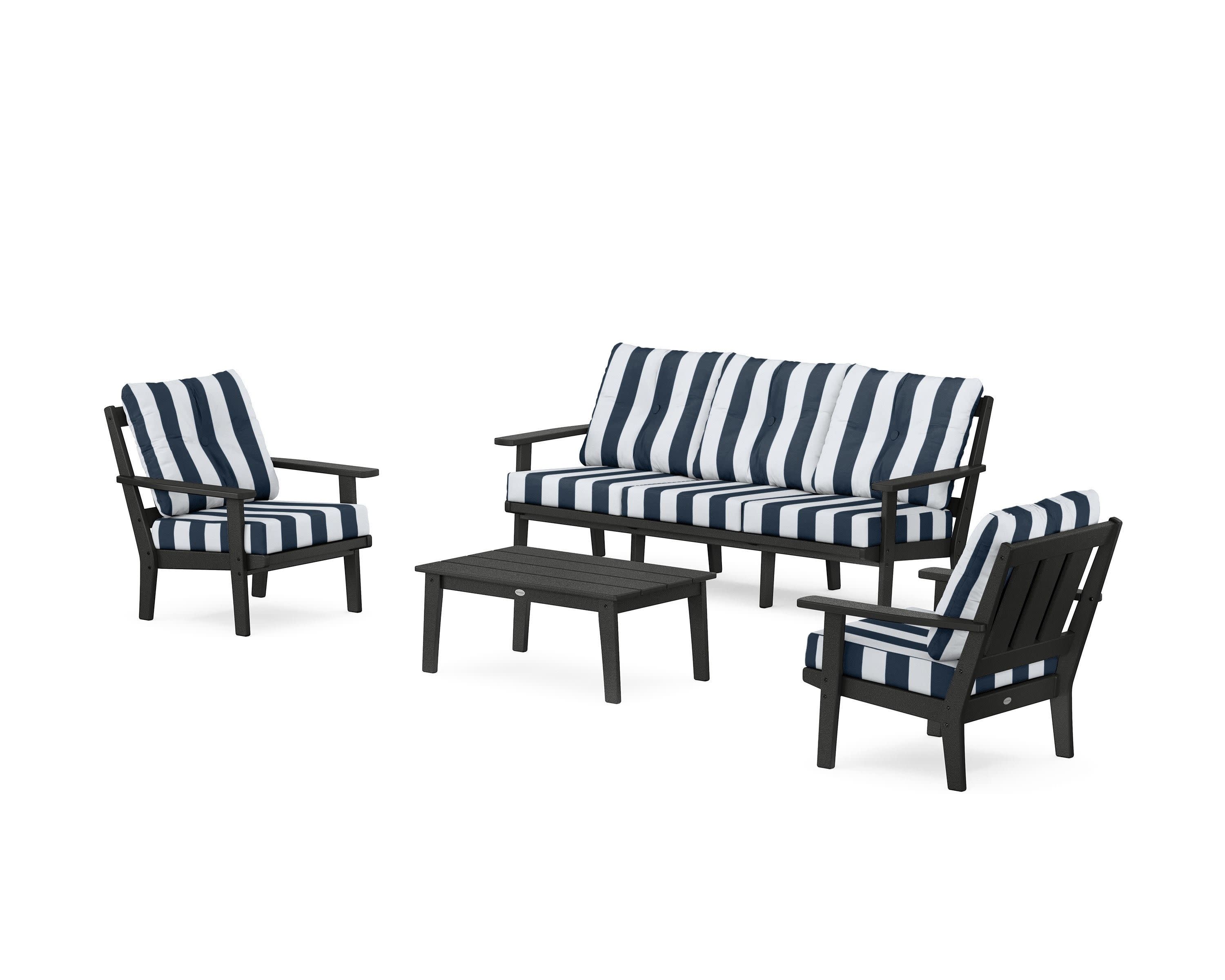 Oxford 4-Piece Deep Seating Set with Sofa in Black / Cabana Stripe Marine Indigo