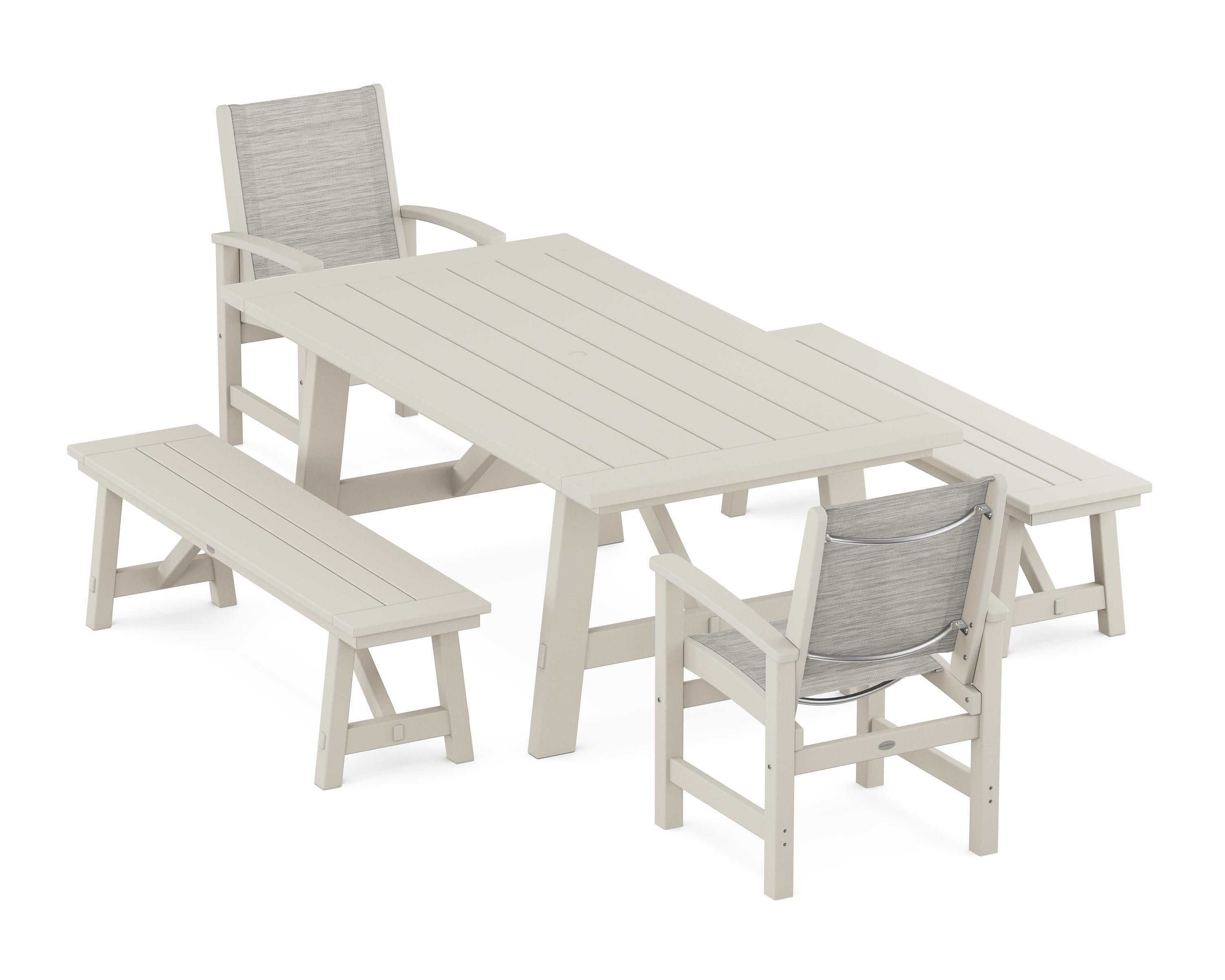 Coastal 5-Piece Rustic Farmhouse Dining Set With Benches in Sand / Birch Sling