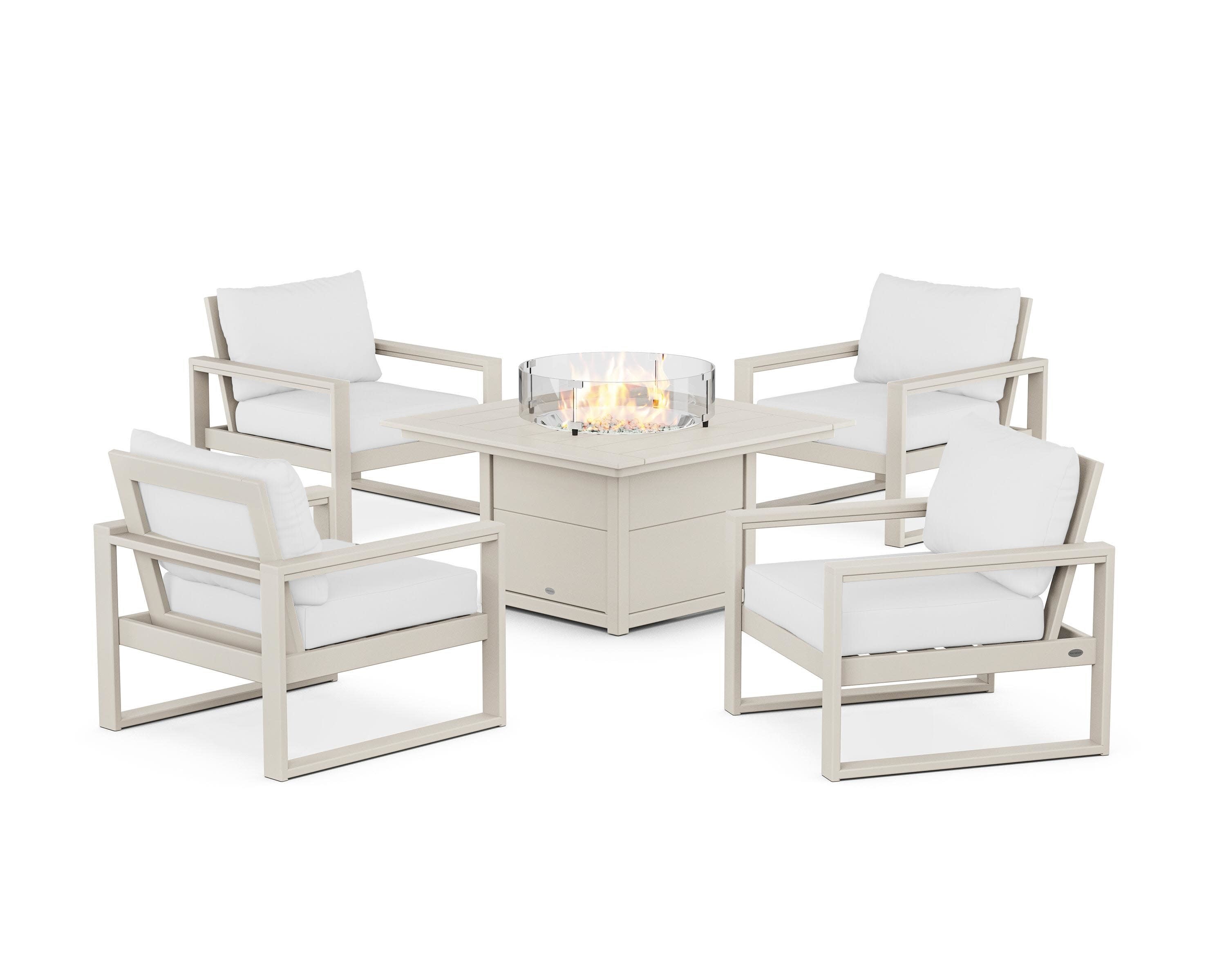 EDGE Sectional 5-Piece Deep Seating Set with Fire Pit Table in Sand / Natural