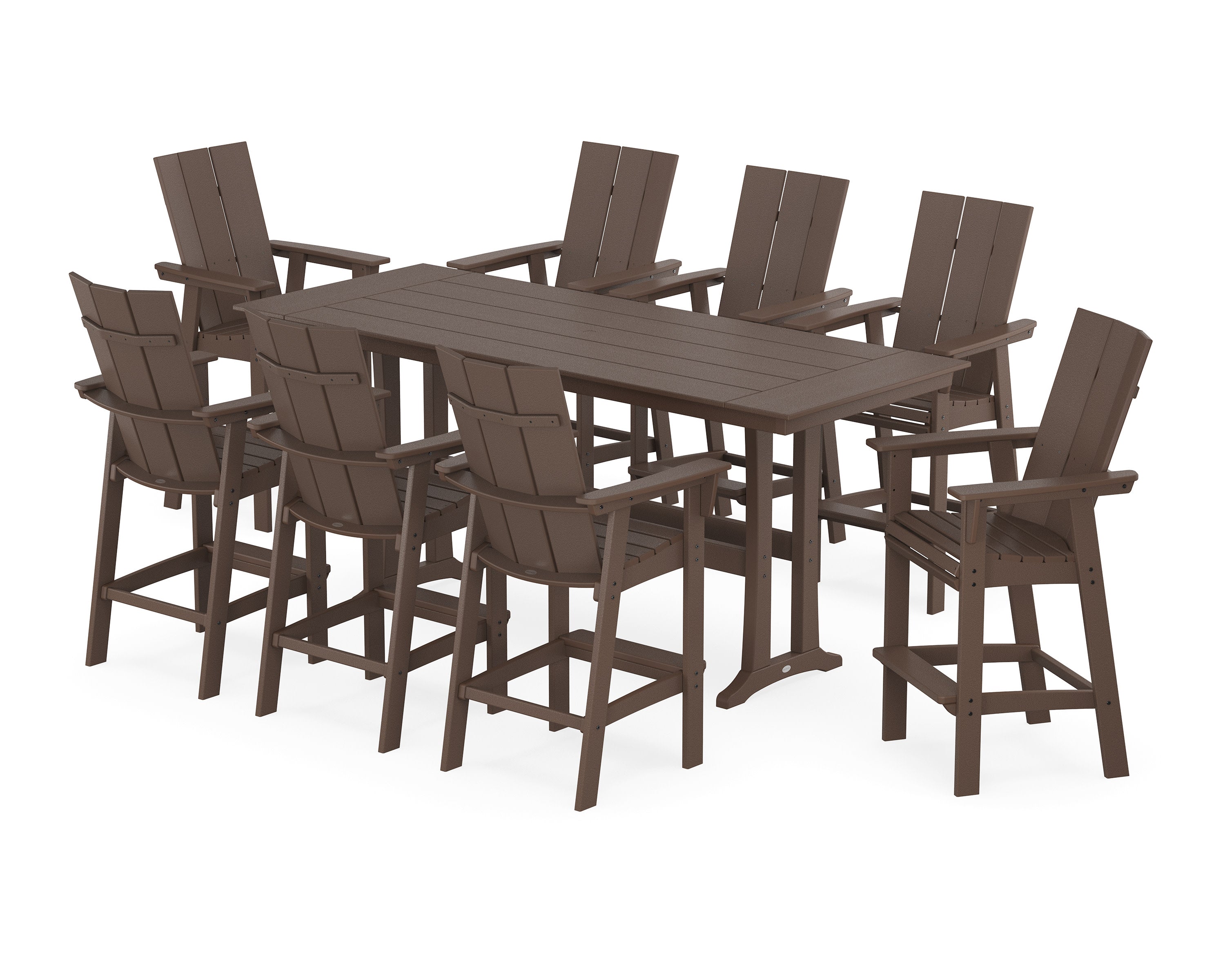 Modern Curveback Adirondack 9-Piece Farmhouse Bar Set with Trestle Legs in Mahogany