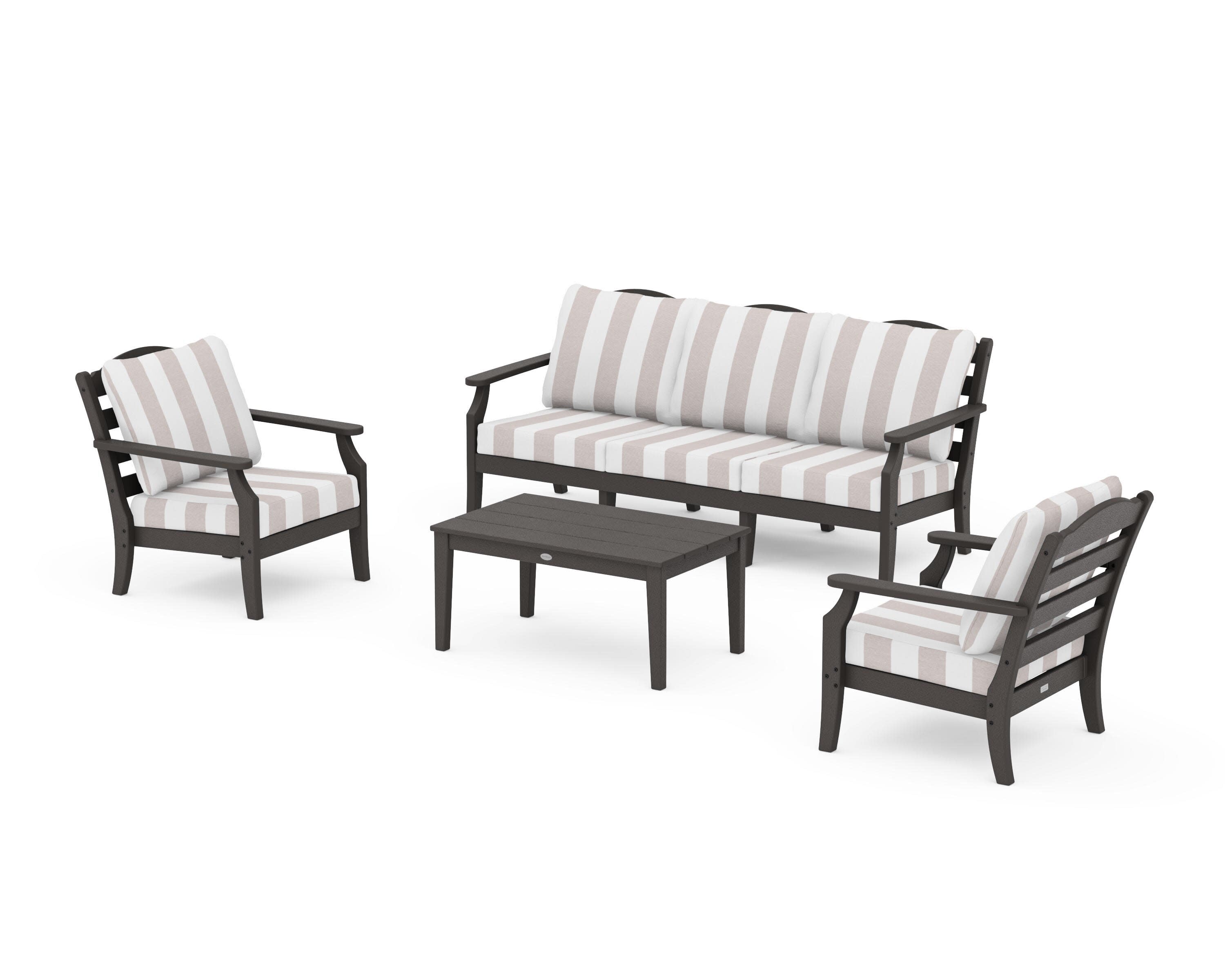 Savannah 4-Piece Deep Seating Set with Sofa in Vintage Coffee / Cabana Stripe Dune Burlap