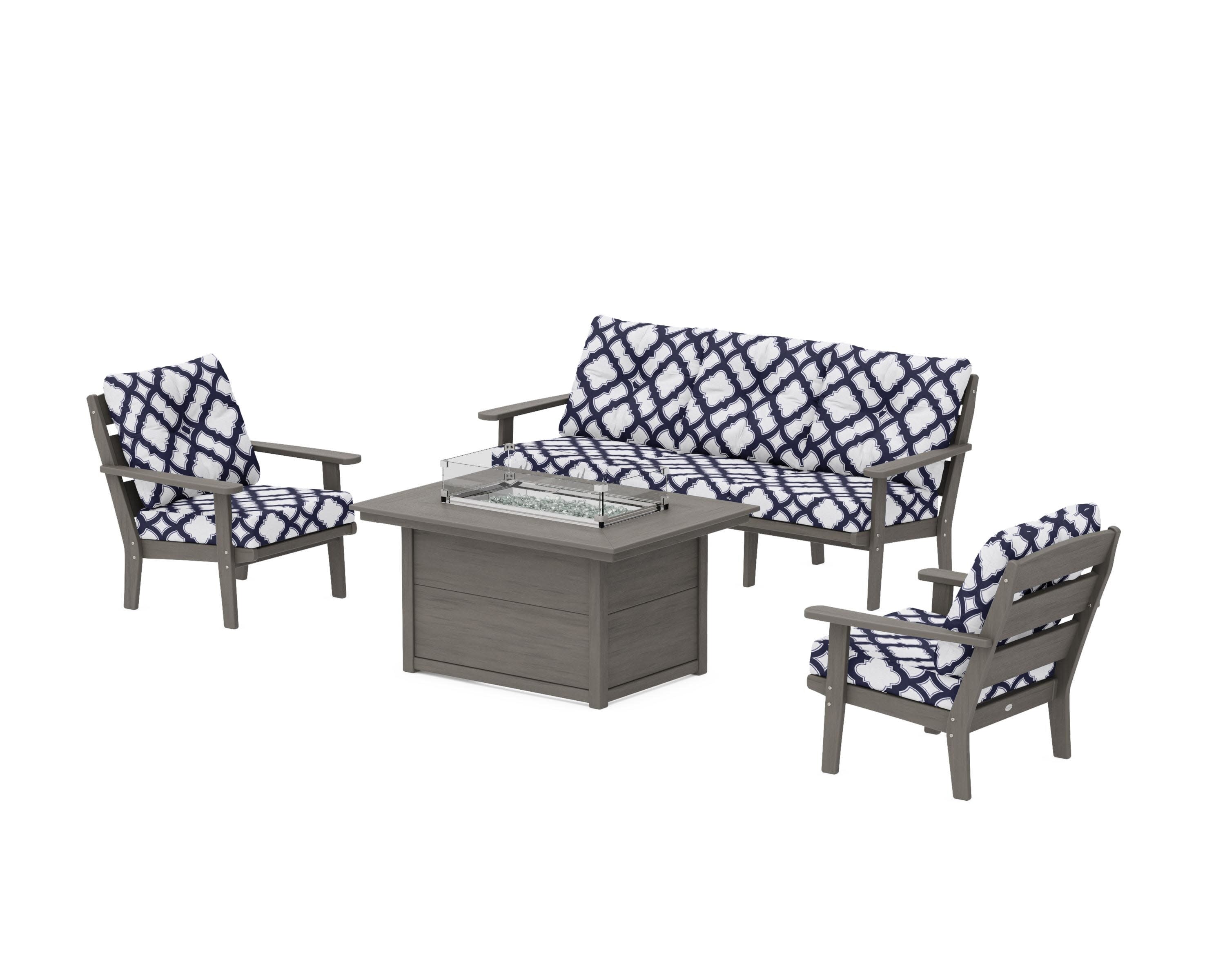 Lakeside Deep Seating Fire Pit Table Set in Driftwood / Trellis Navy