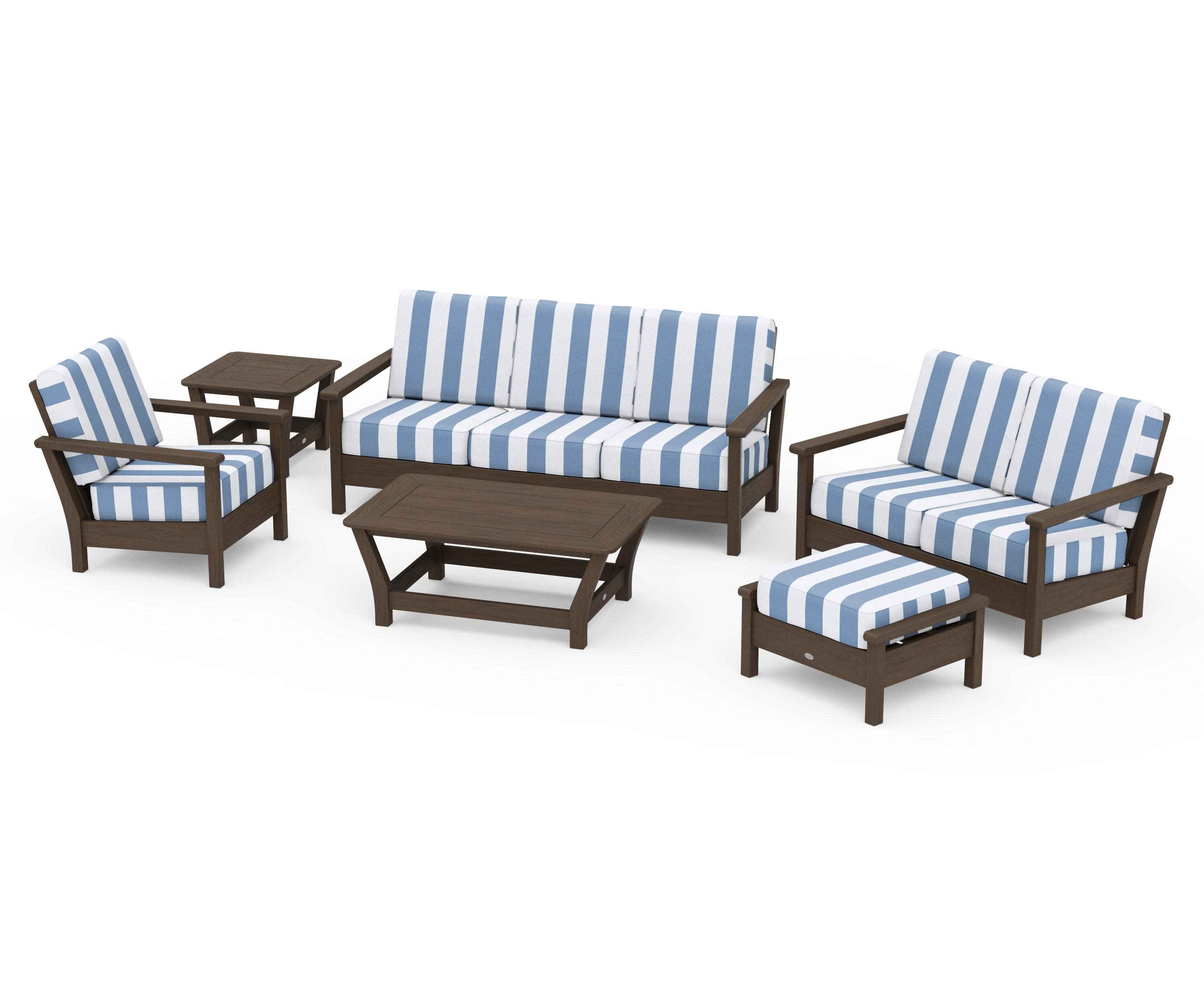 Harbour 6-Piece Outdoor Living Set in Kona / Cabana Stripe Sky Blue