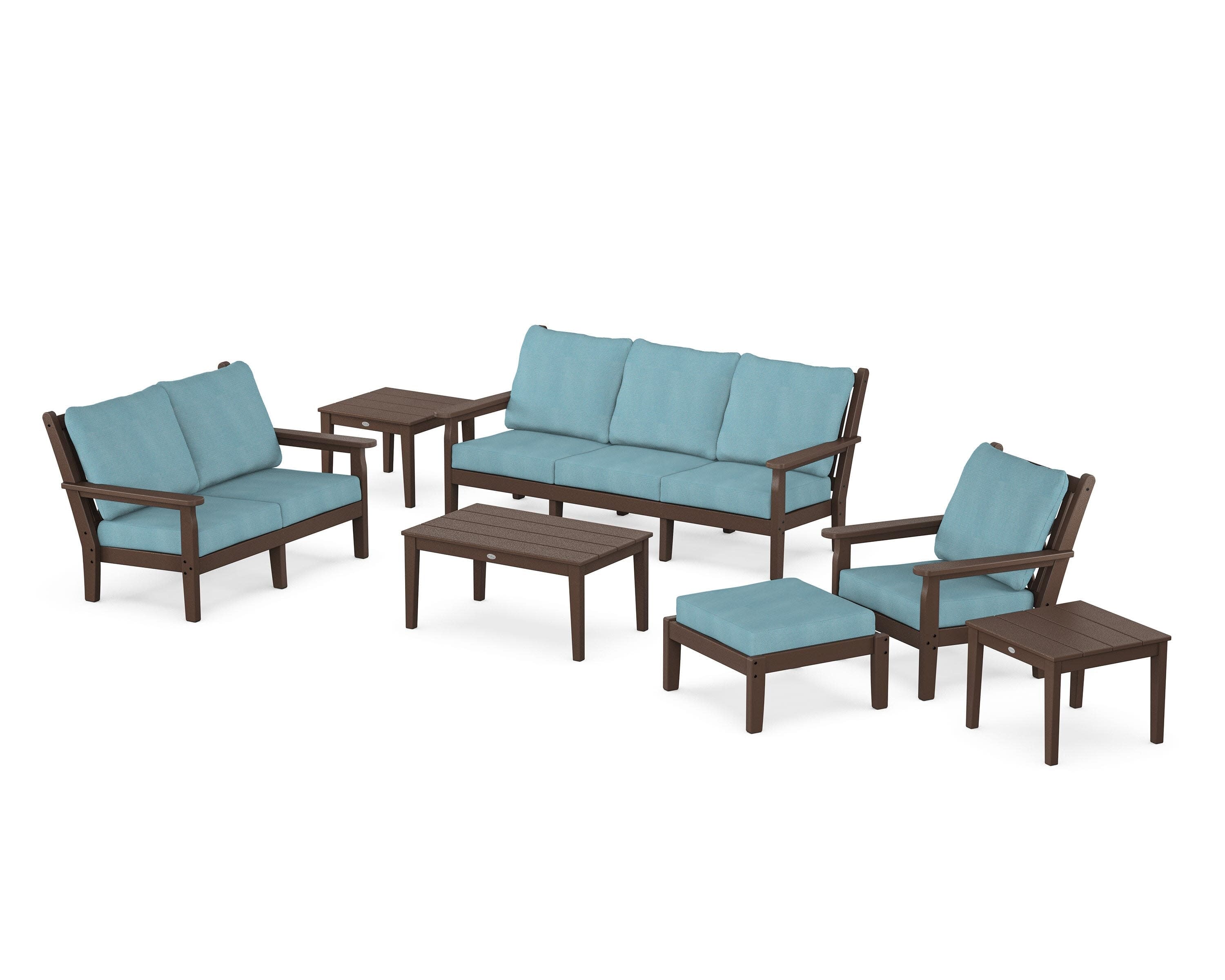 Chippendale 7-Piece Deep Seating Set in Mahogany / Lattice Sky Blue