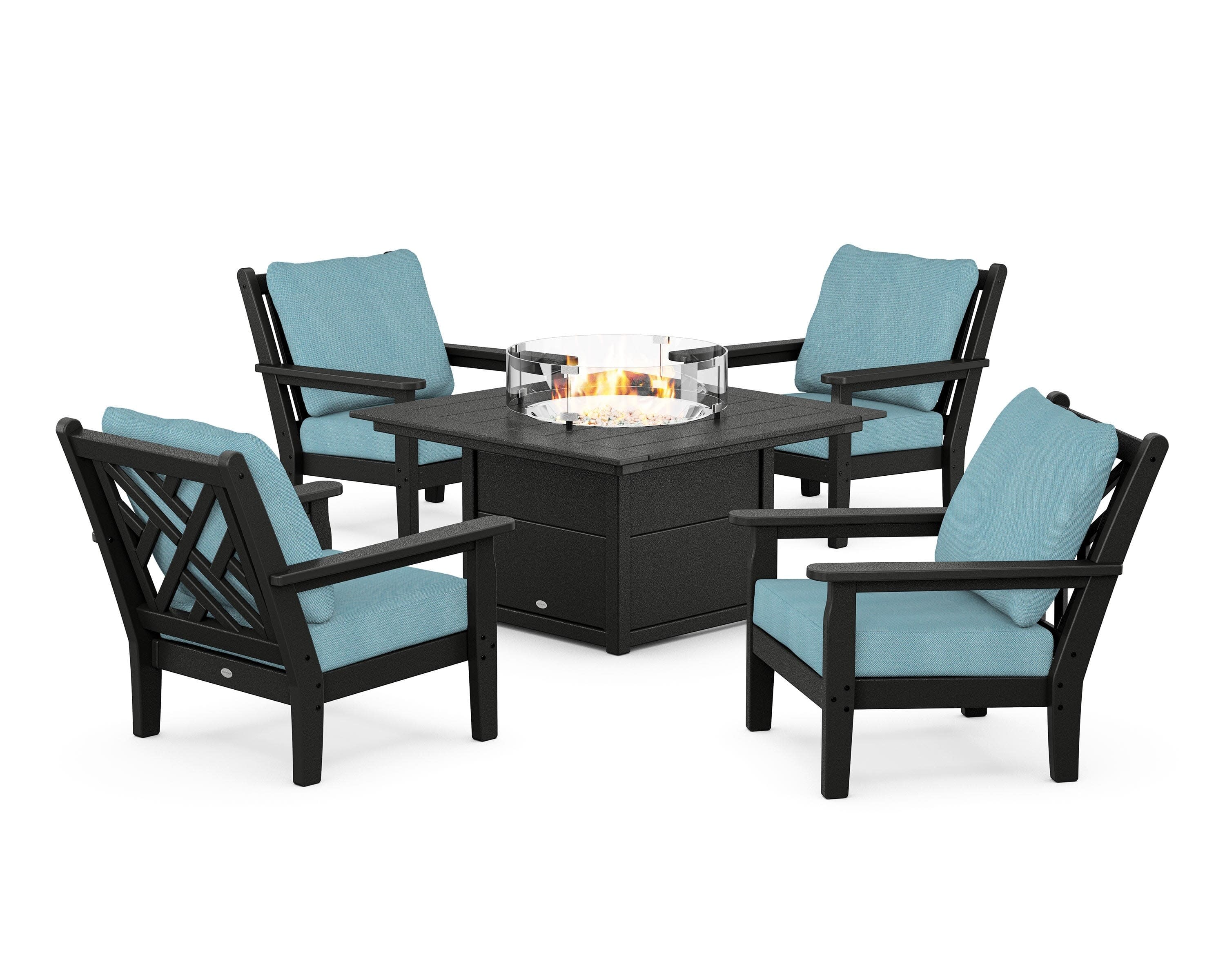 Chippendale 5-Piece Deep Seating Set with Fire Pit Table in Black / Lattice Sky Blue