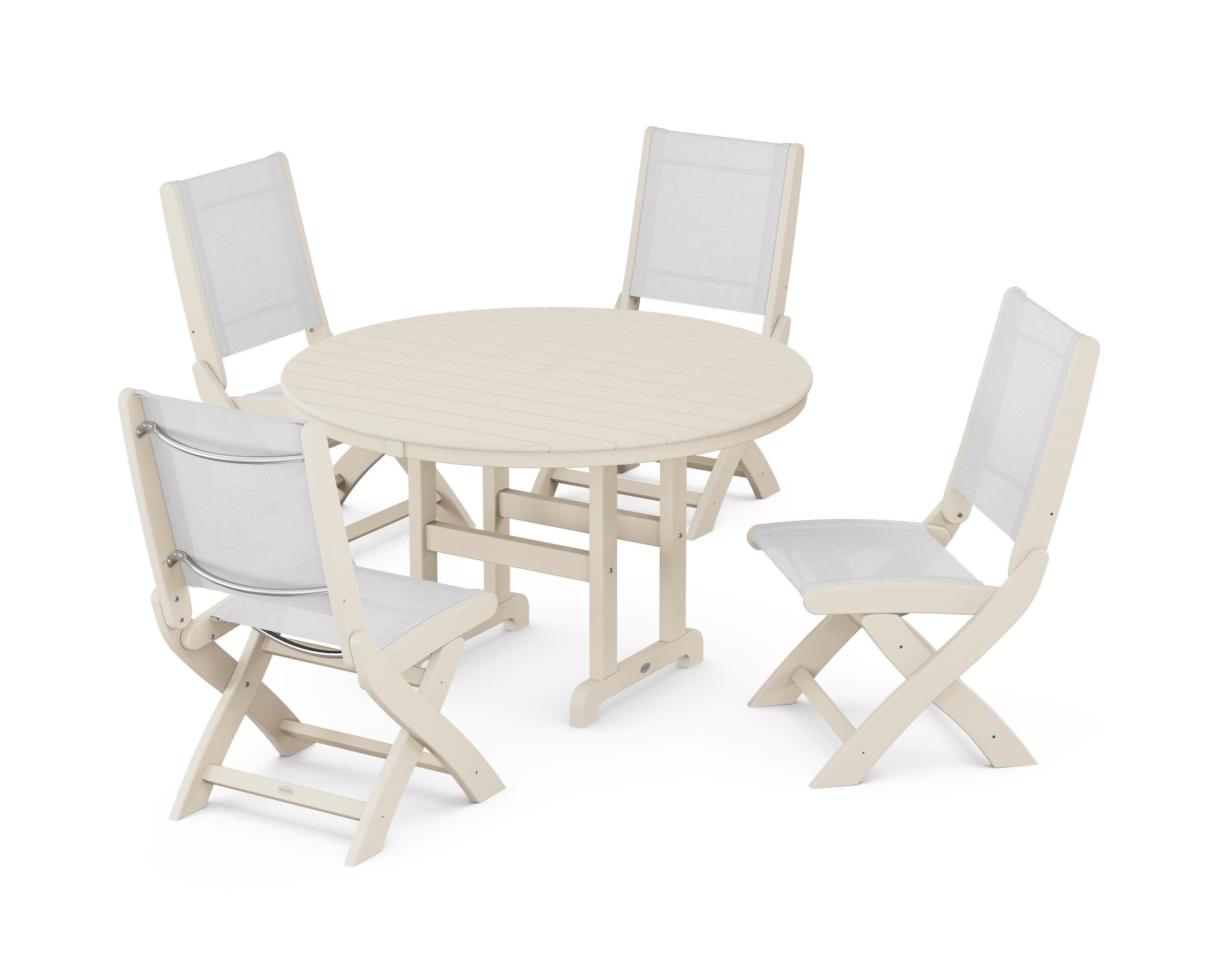 Coastal Folding Side Chair 5-Piece Round Dining Set in Sand / White Sling