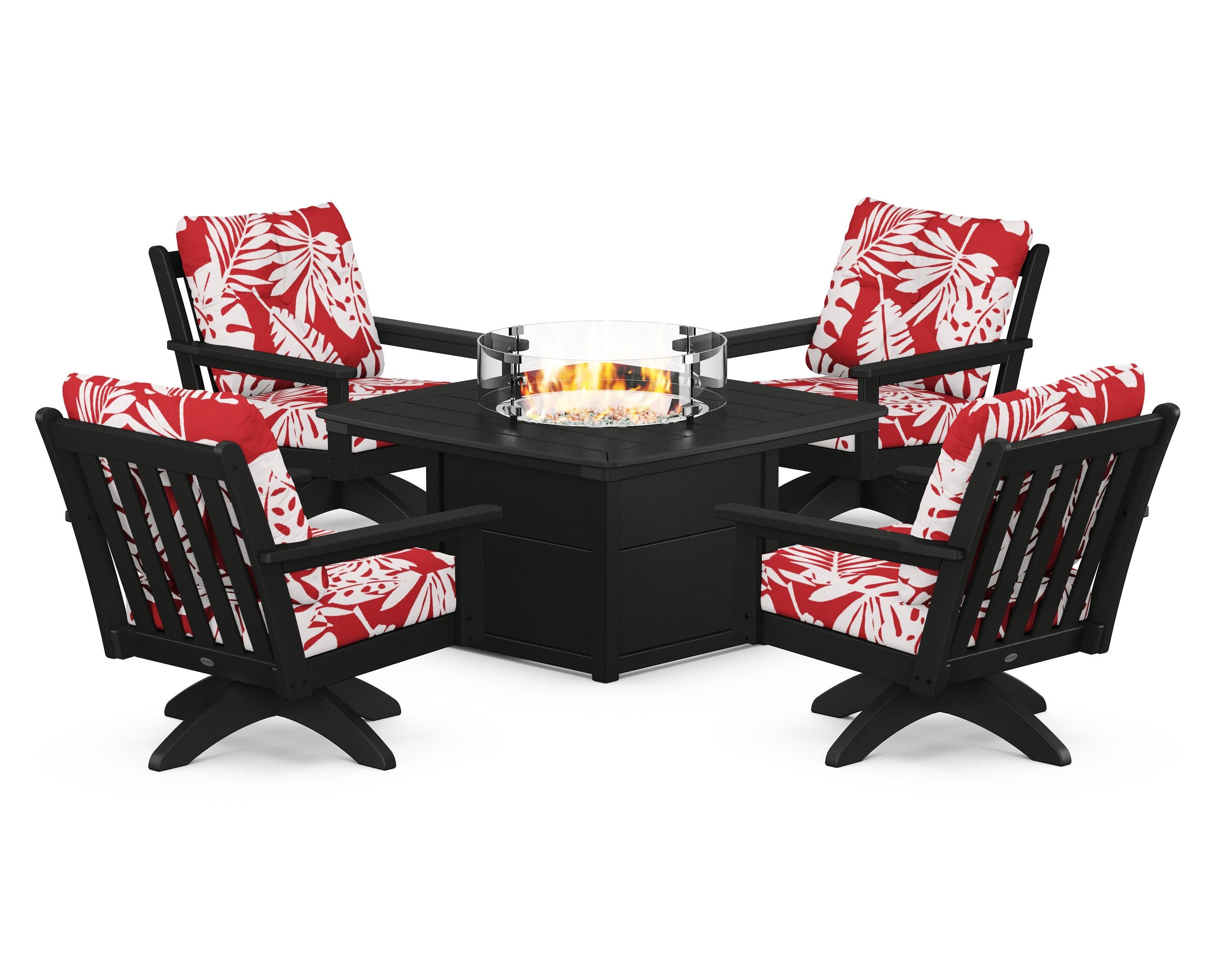 Vineyard 5-Piece Deep Seating Swivel Conversation Set with Fire Pit Table in Black / Leaf Crimson