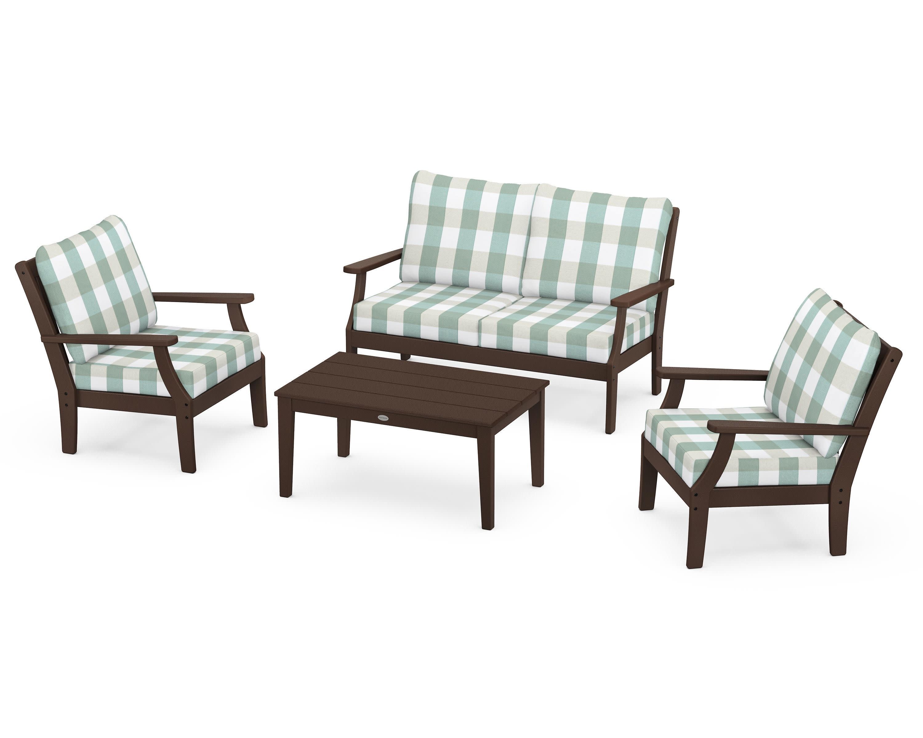 Braxton 4-Piece Deep Seating Chair Set in Mahogany / Buffalo Plaid Glacier Spa