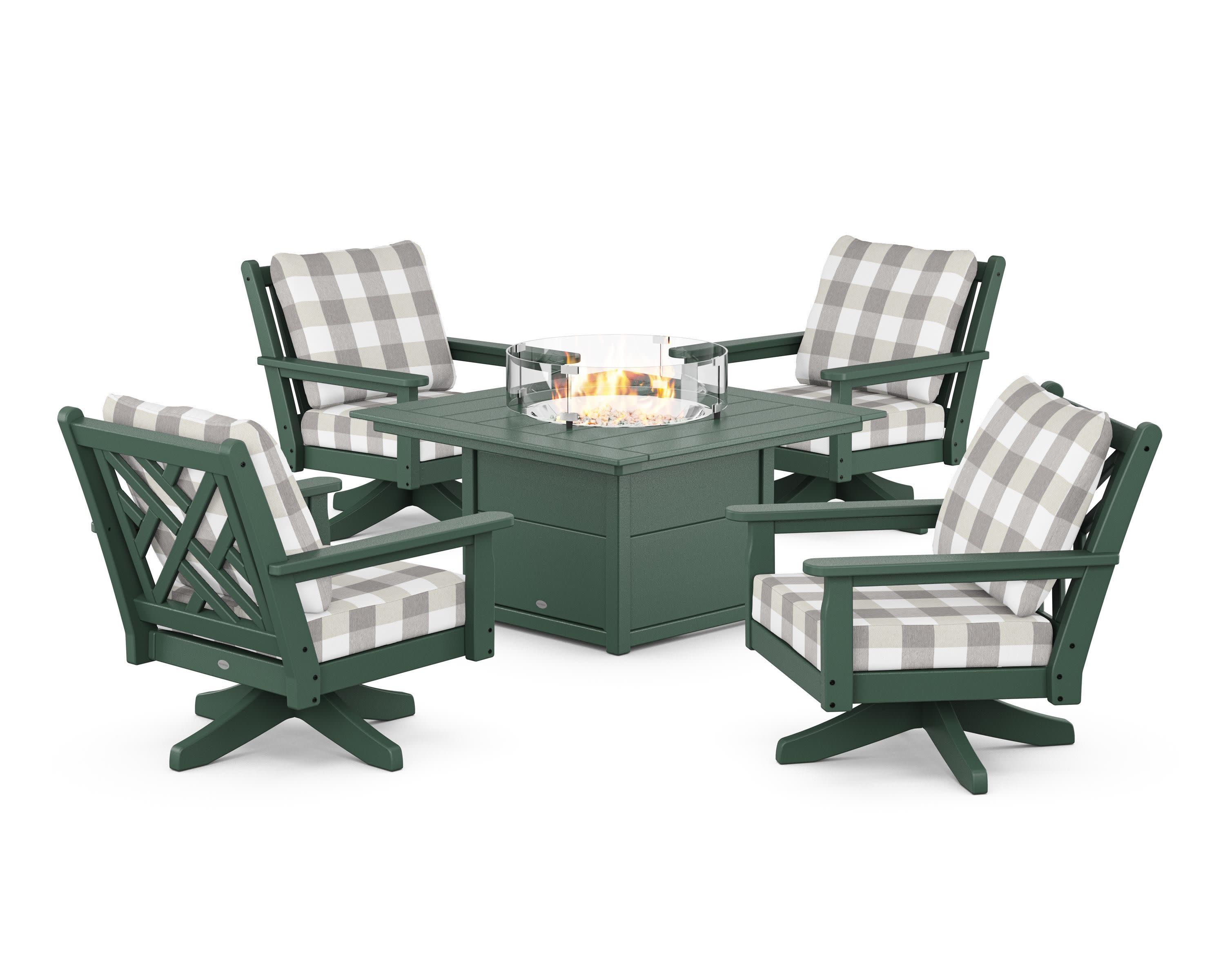 Chippendale 5-Piece Deep Seating Swivel Conversation Set with Fire Pit Table in Green / Buffalo Plaid Grey Mist