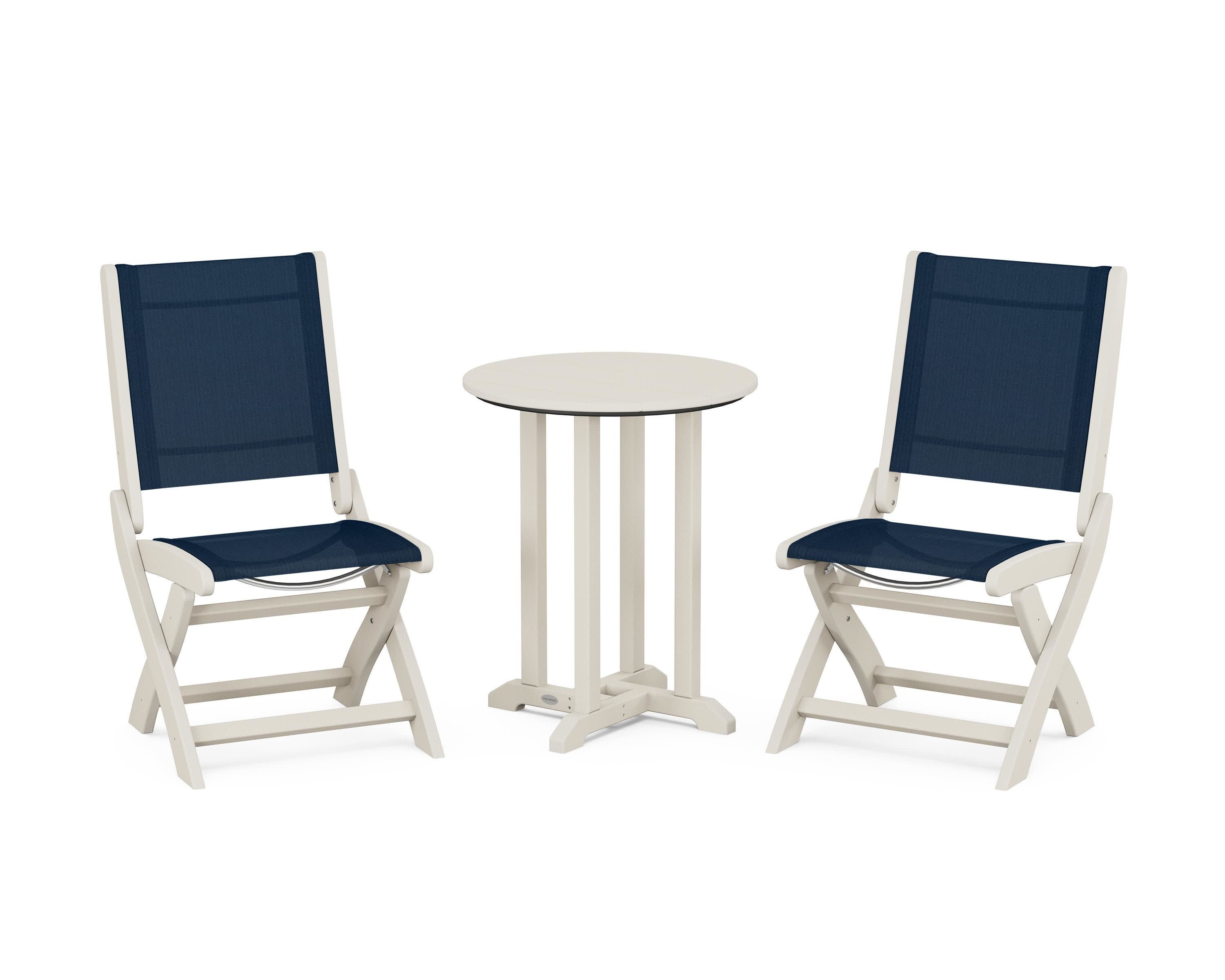 Coastal Folding Side Chair 3-Piece Round Bistro Dining Set in Sand / Navy Blue Sling