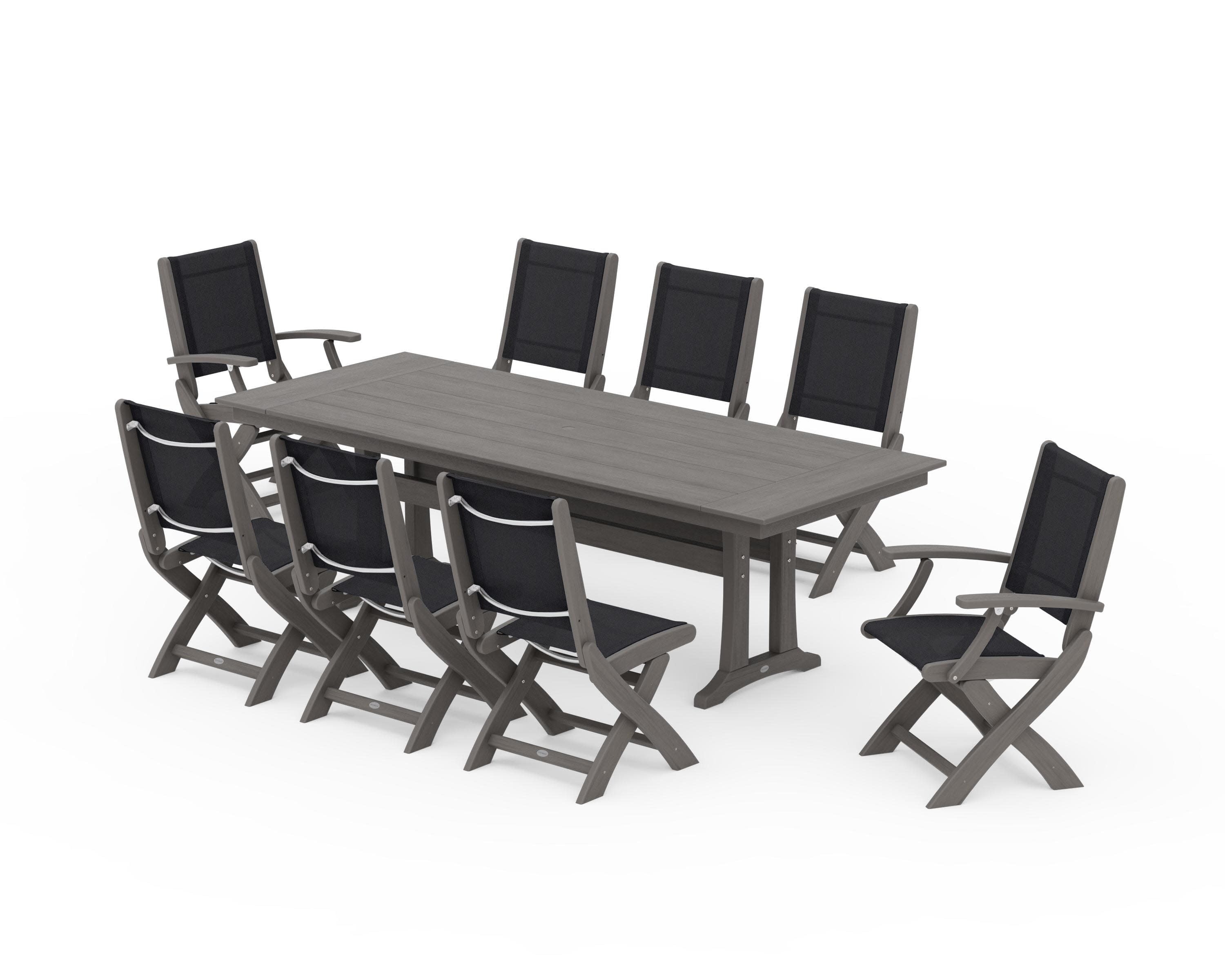 Coastal 9-Piece Folding Dining Chair Farmhouse Dining Set with Trestle Legs in Driftwood / Black Sling