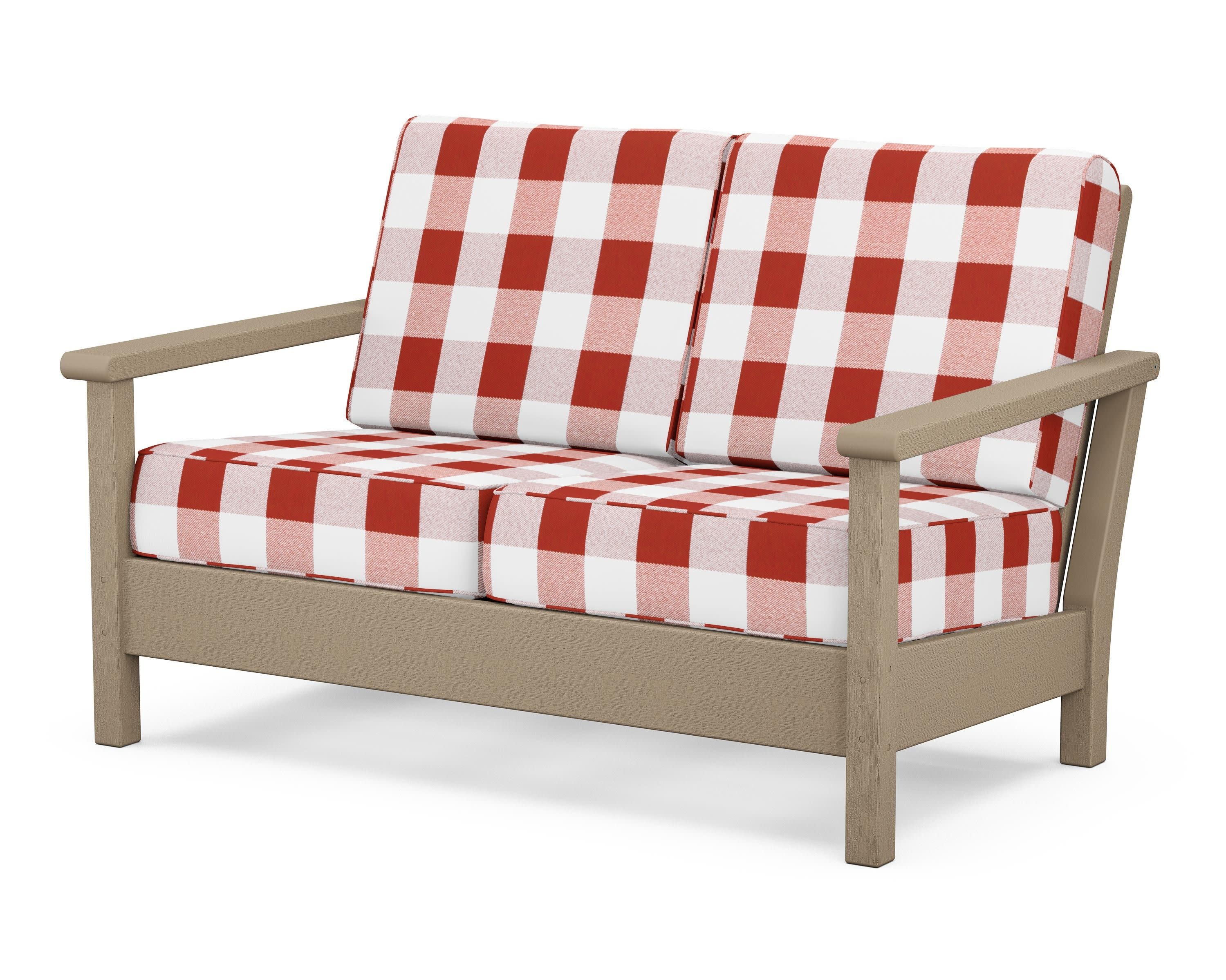 Harbour Deep Seating Loveseat in Vintage Sahara / Buffalo Plaid Crimson