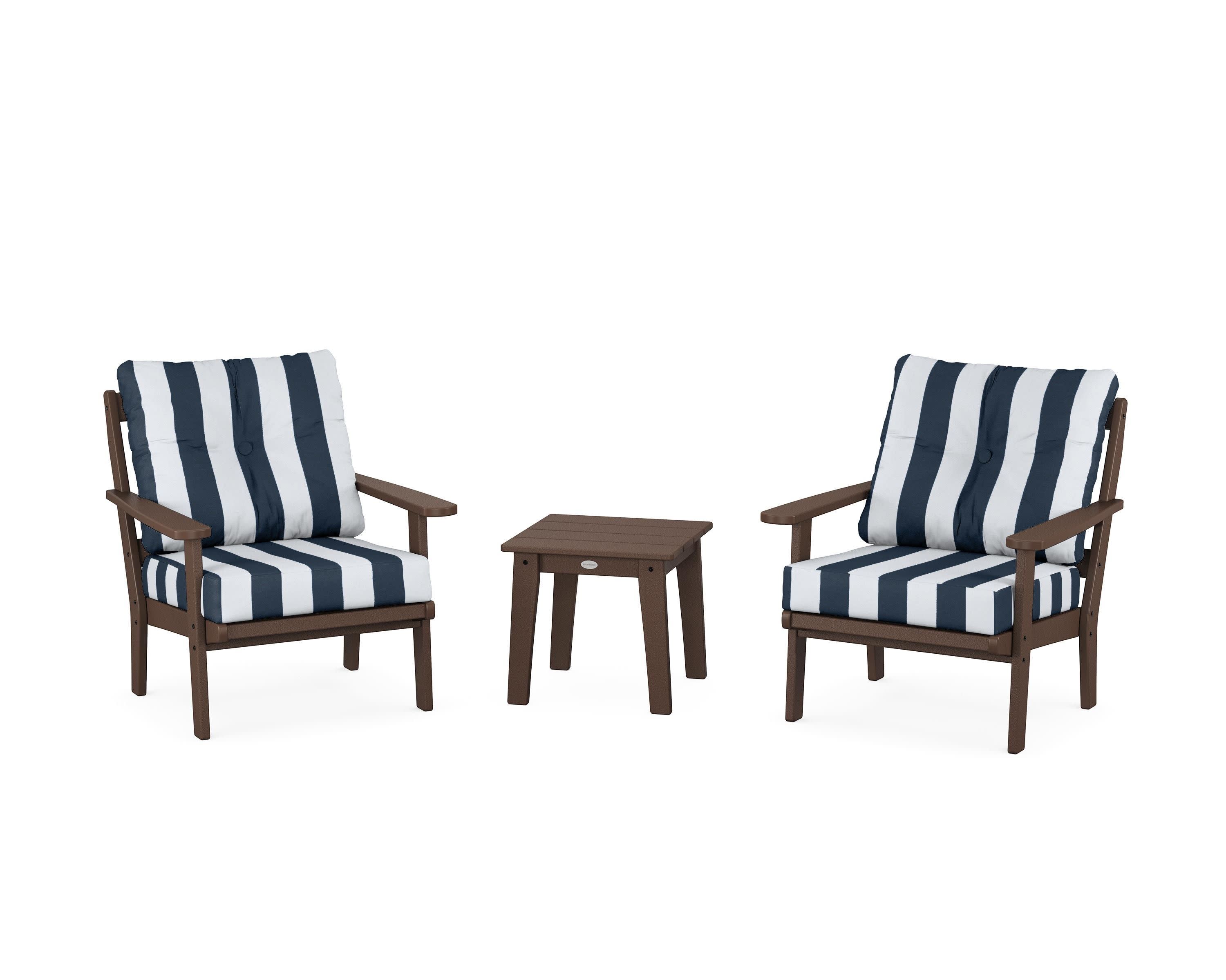 Mission 3-Piece Deep Seating Set in Mahogany / Cabana Stripe Marine Indigo