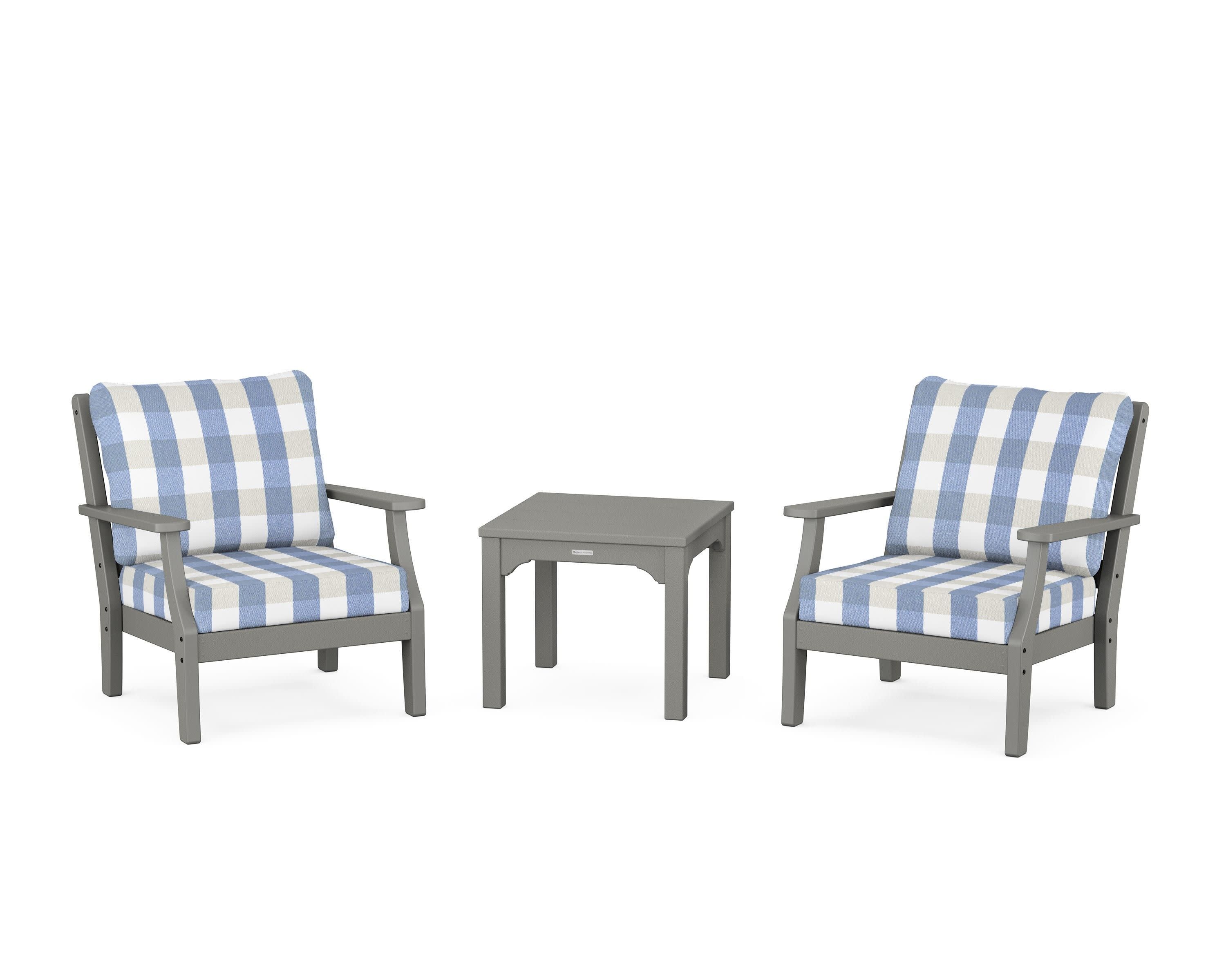Chinoiserie 3-Piece Deep Seating Set in Slate Grey / Buffalo Plaid Sky Blue