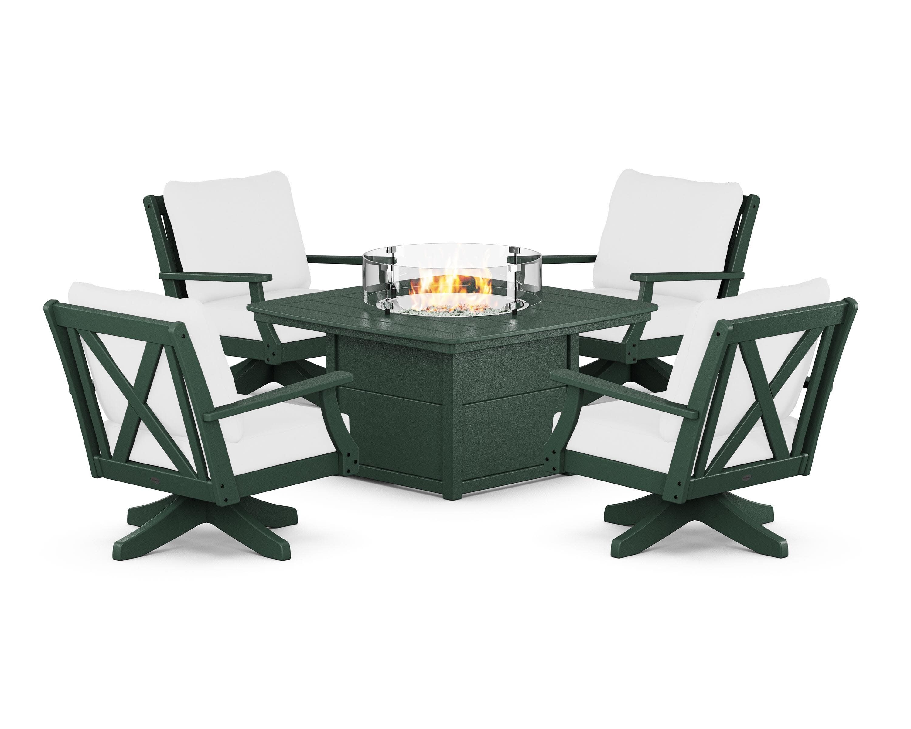 Braxton 5-Piece Deep Seating Swivel Conversation Set with Fire Pit Table in Green / Natural