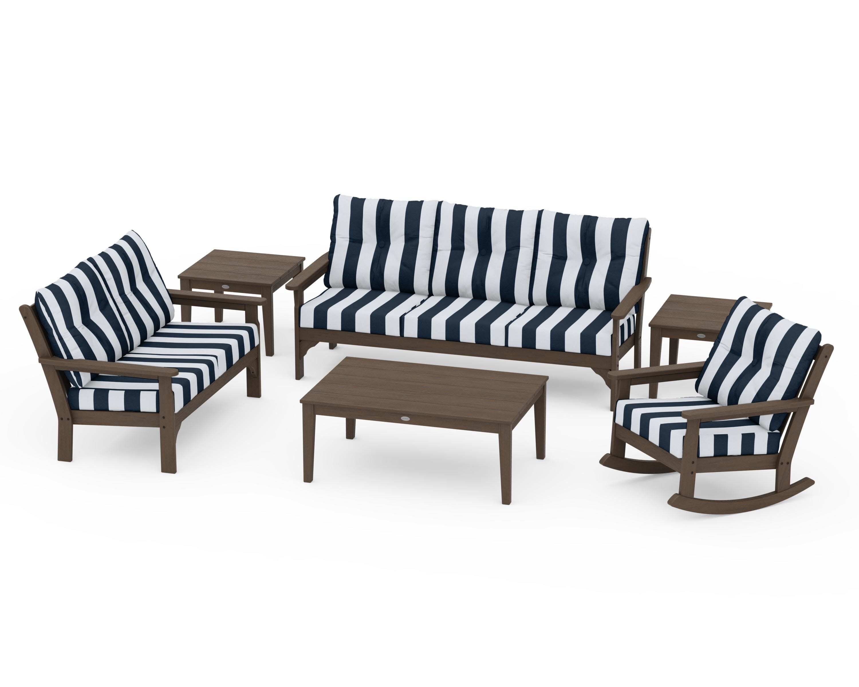 Vineyard 6-Piece Deep Seating Set in Kona / Cabana Stripe Marine Indigo
