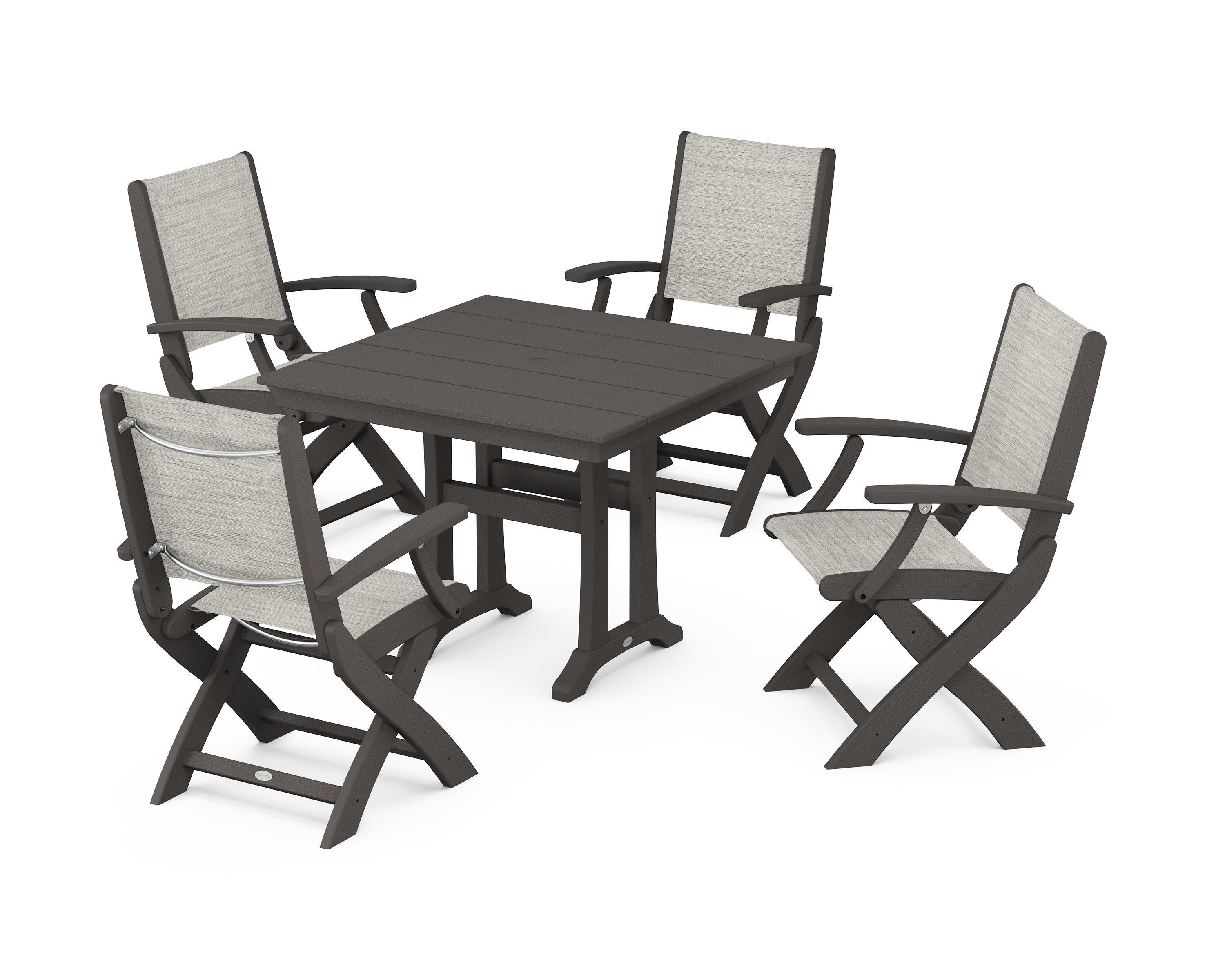 Coastal Folding Chair 5-Piece Farmhouse Dining Set With Trestle Legs in Vintage Coffee / Birch Sling