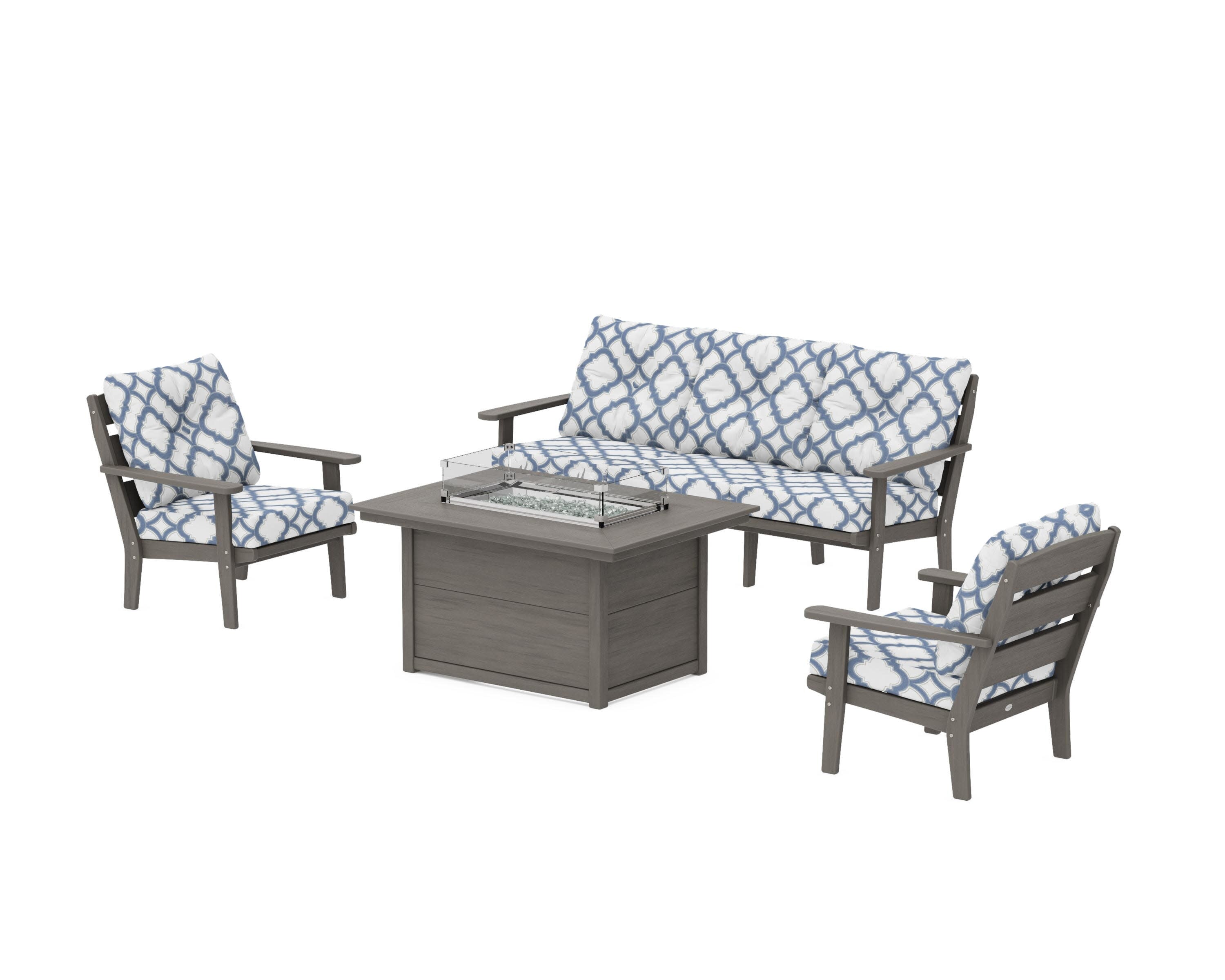 Lakeside Deep Seating Fire Pit Table Set in Driftwood / Trellis Sky Blue