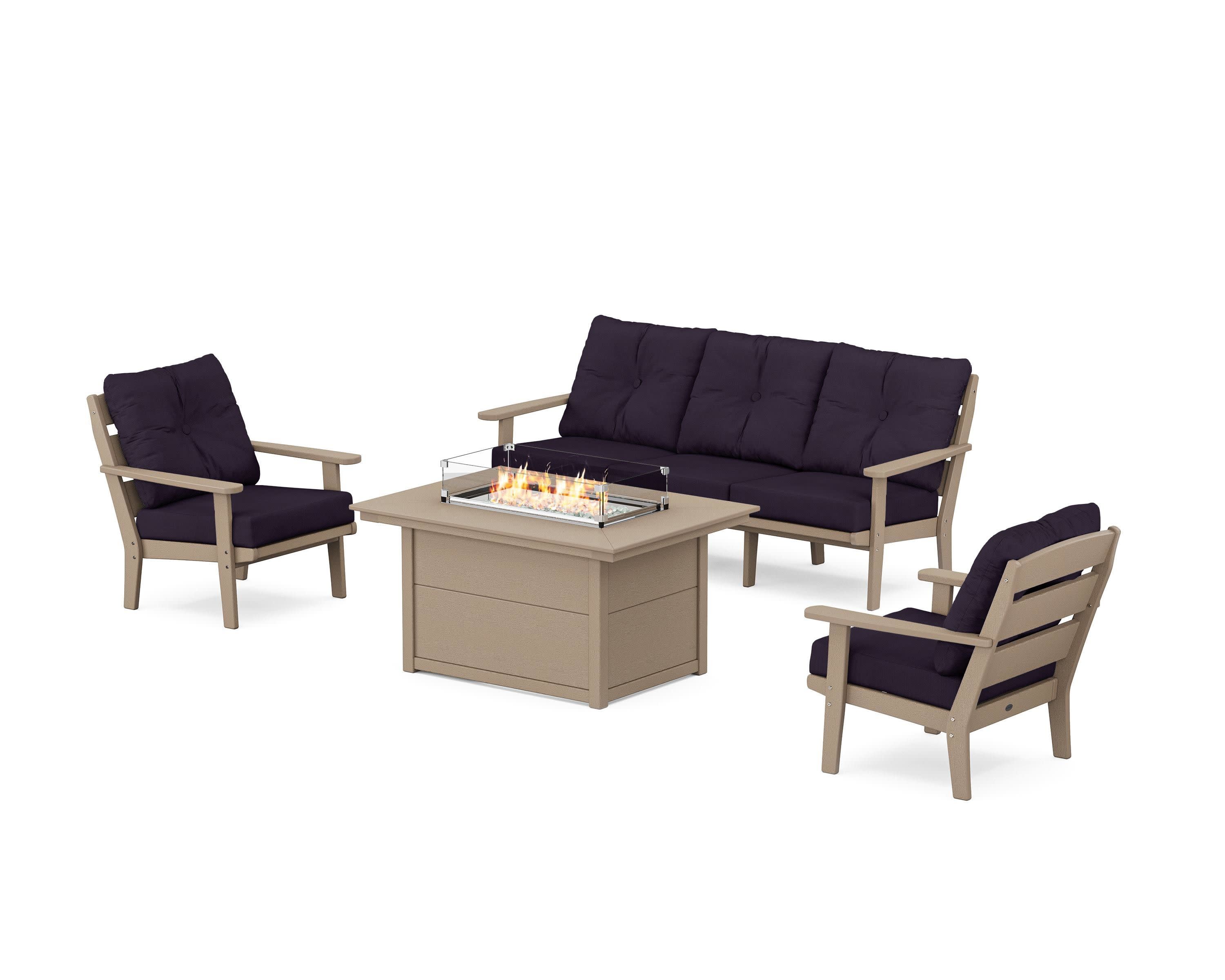 Lakeside Deep Seating Fire Pit Table Set in Vintage Sahara / Navy Linen