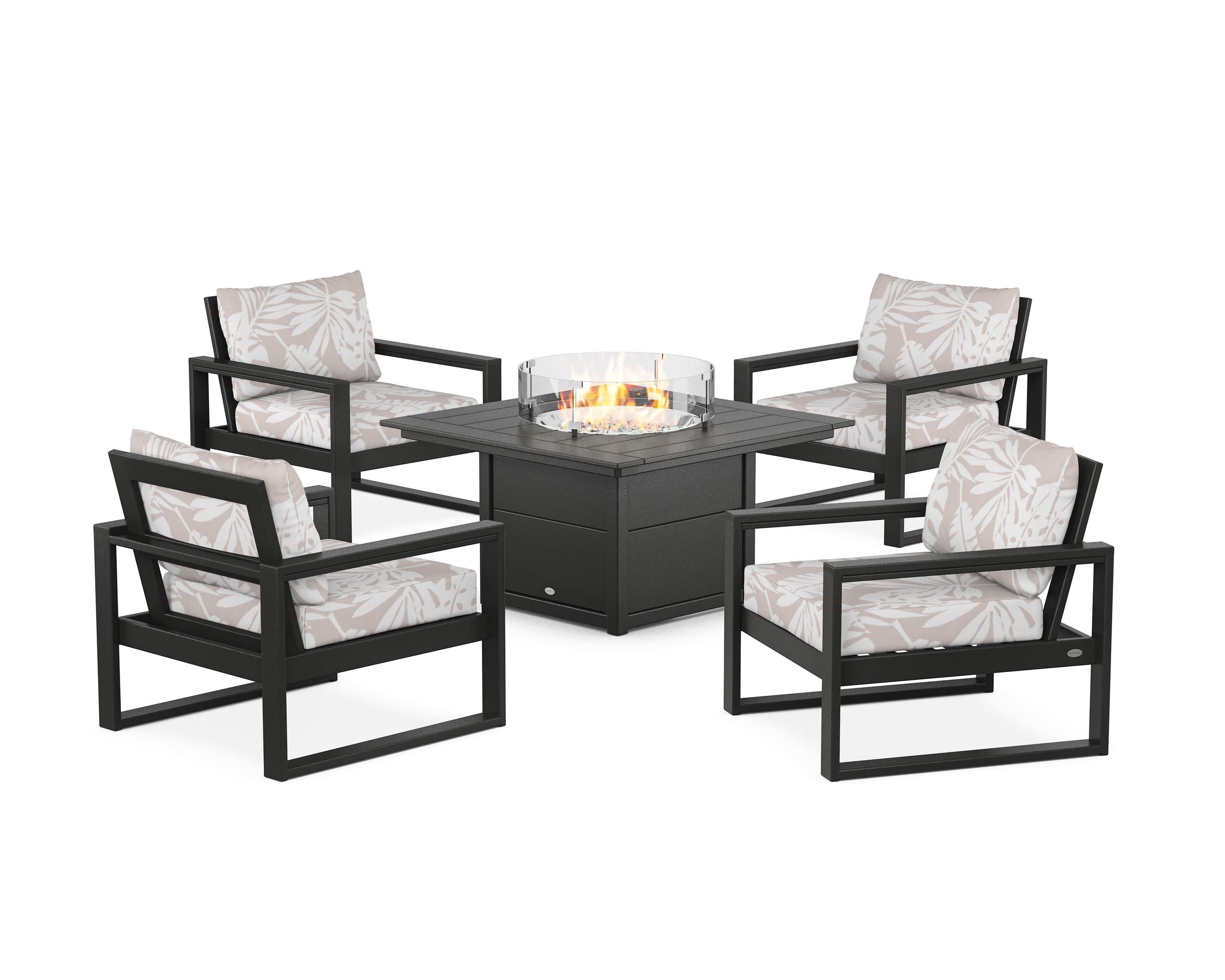 EDGE Sectional 5-Piece Deep Seating Set with Fire Pit Table in Black / Leaf Dune Burlap