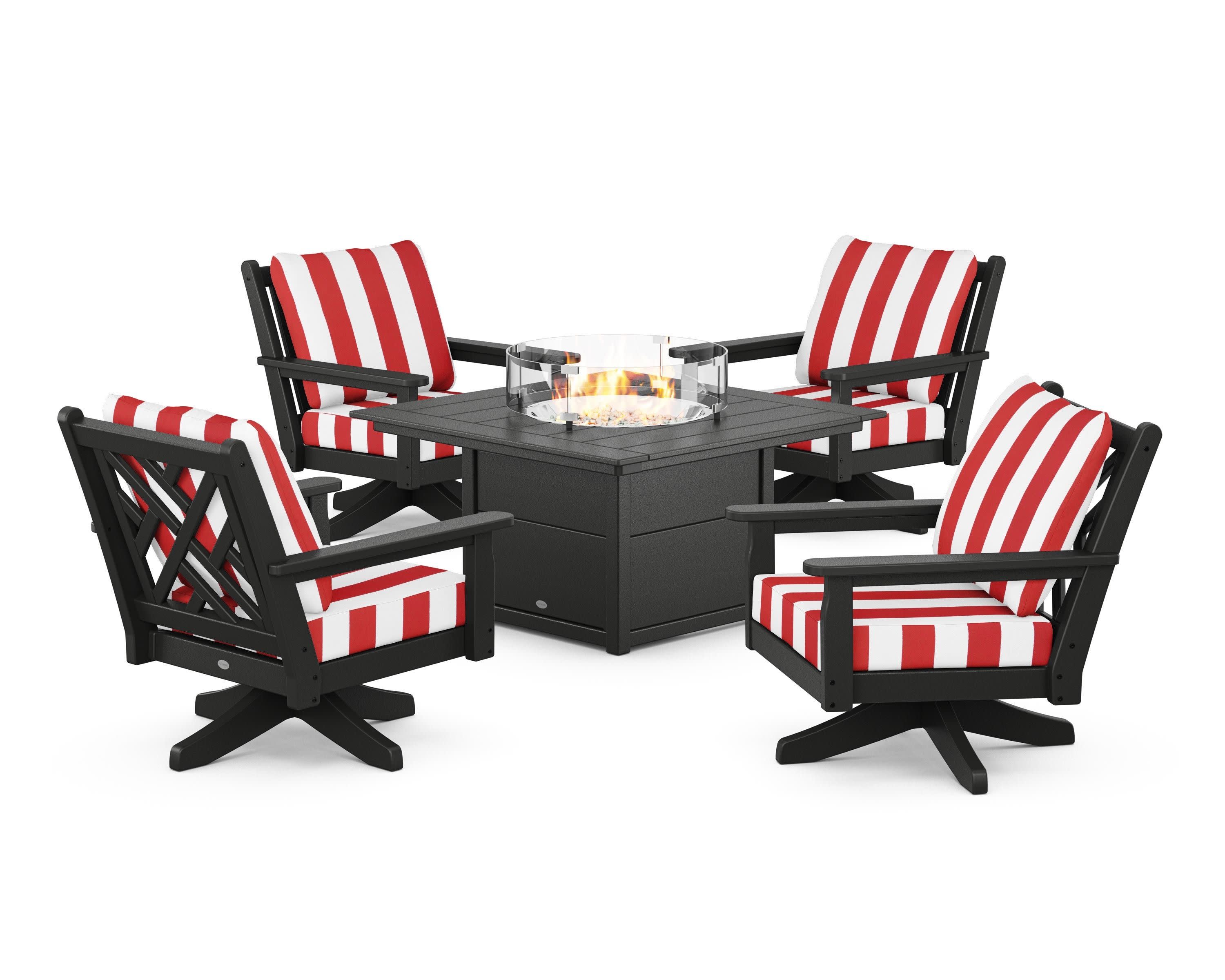 Chippendale 5-Piece Deep Seating Swivel Conversation Set with Fire Pit Table in Black / Cabana Stripe Crimson