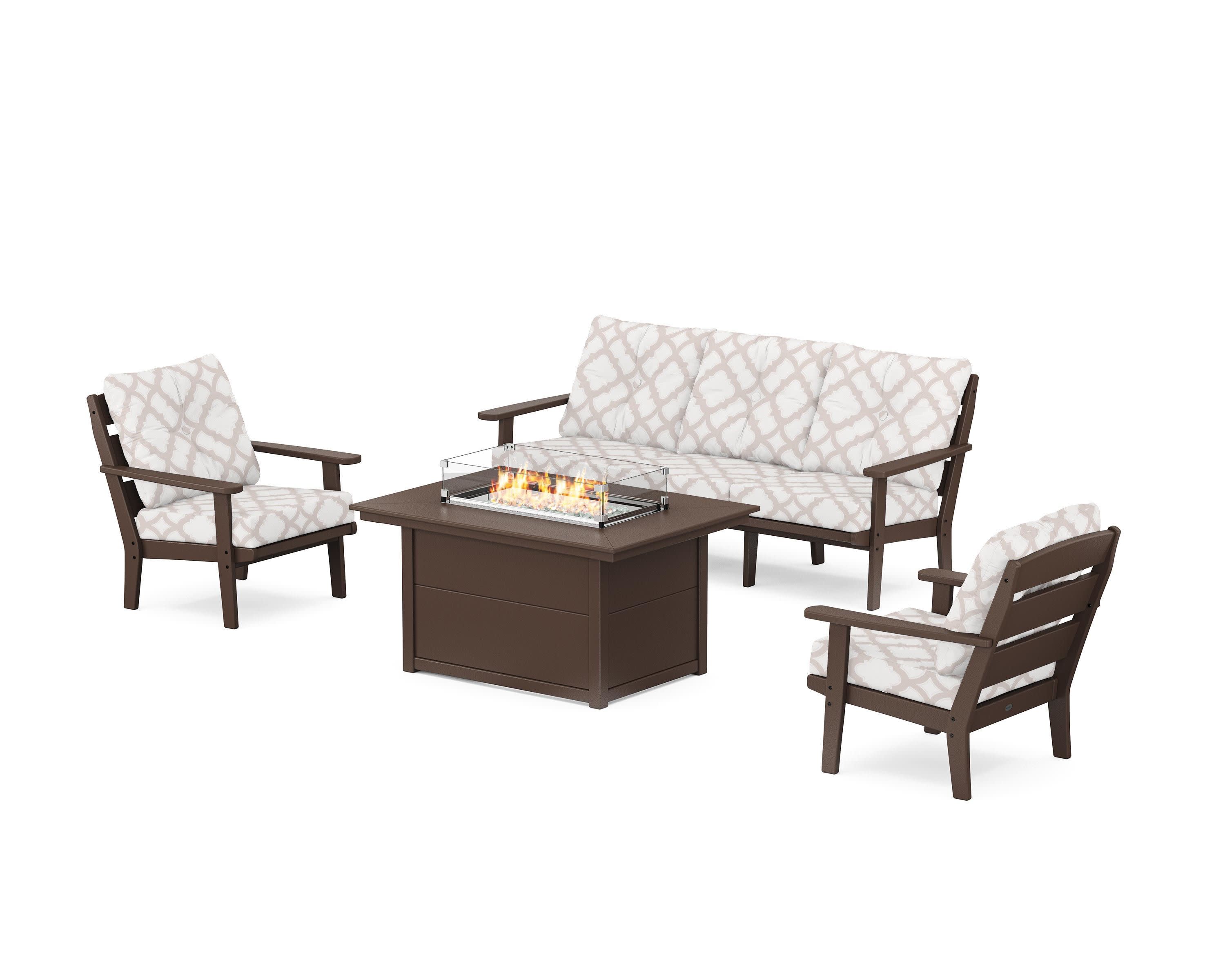 Lakeside Deep Seating Fire Pit Table Set in Mahogany / Trellis Dune Burlap