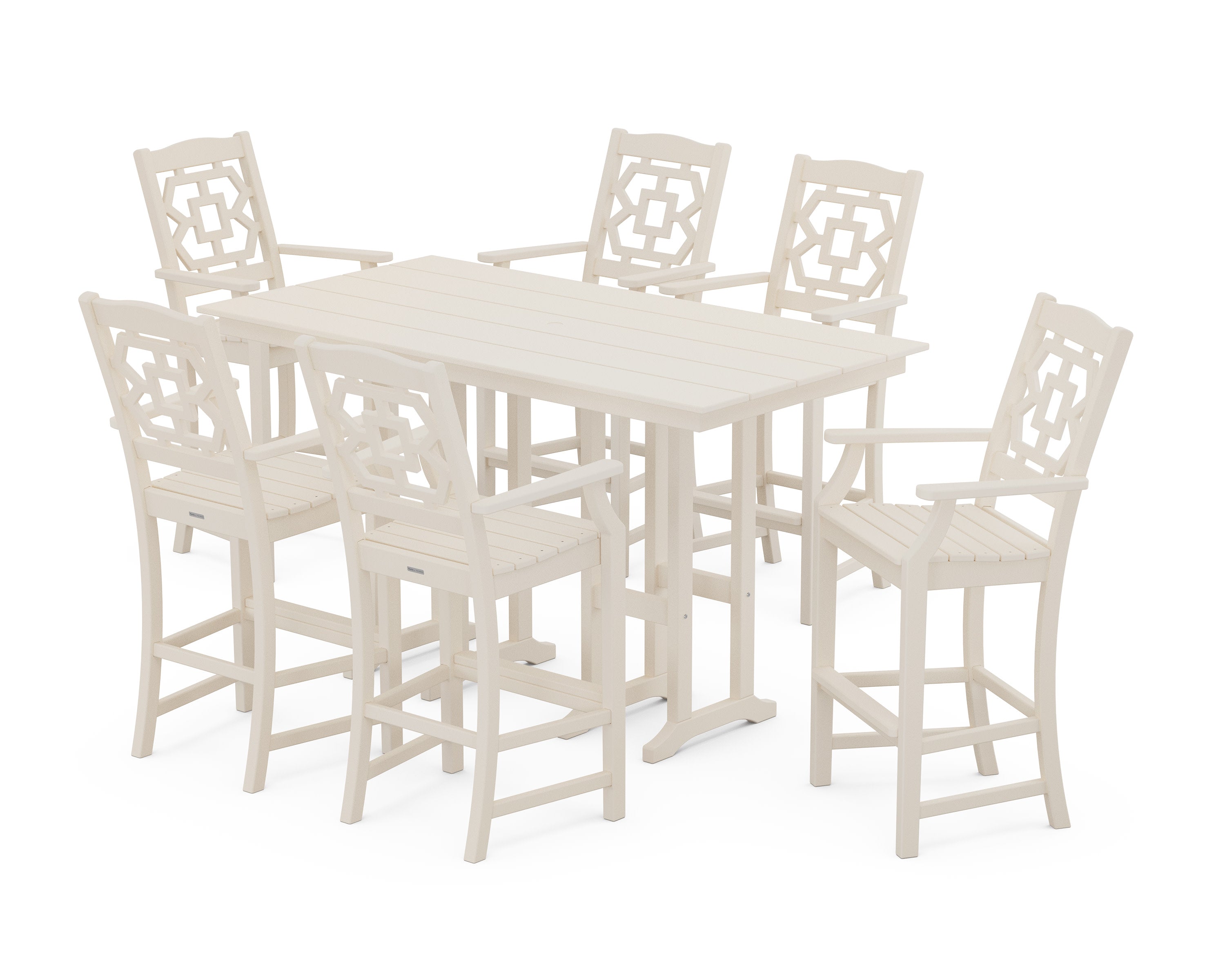 Chinoiserie Arm Chair 7-Piece Farmhouse Bar Set in Sand