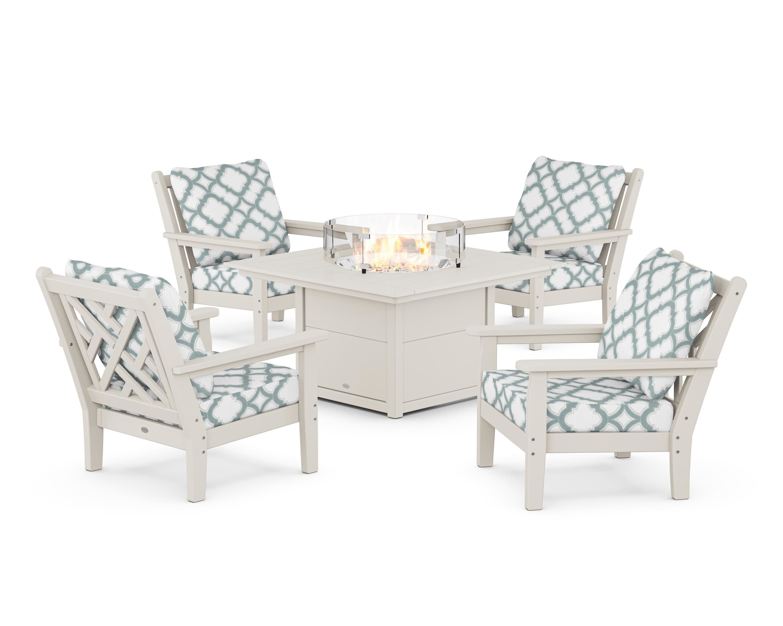 Chippendale 5-Piece Deep Seating Set with Fire Pit Table in Sand / Trellis Glacier Spa