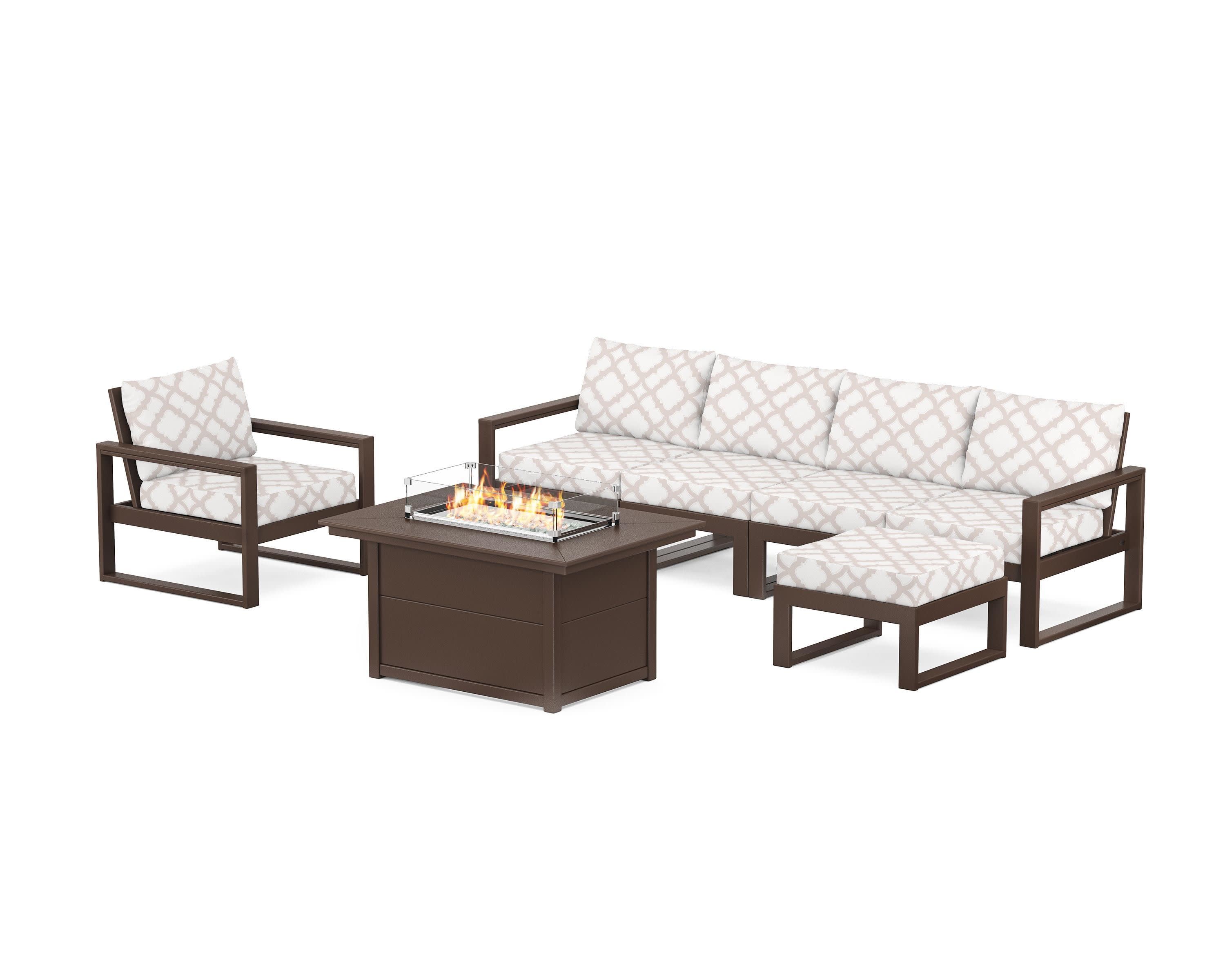 EDGE Sectional Lounge and Fire Pit Set in Mahogany / Trellis Dune Burlap