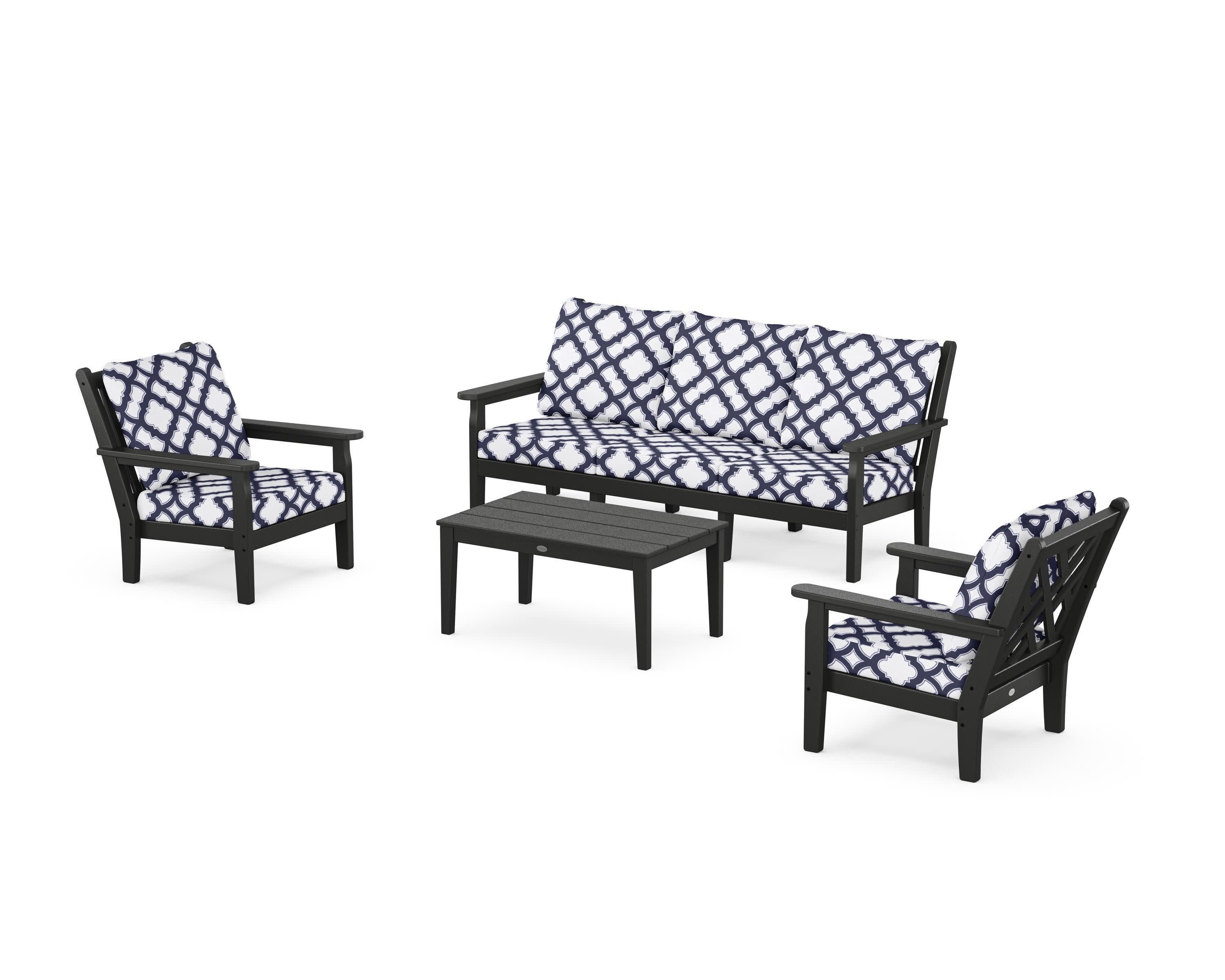 Chippendale 4-Piece Deep Seating Set with Sofa in Black / Trellis Navy