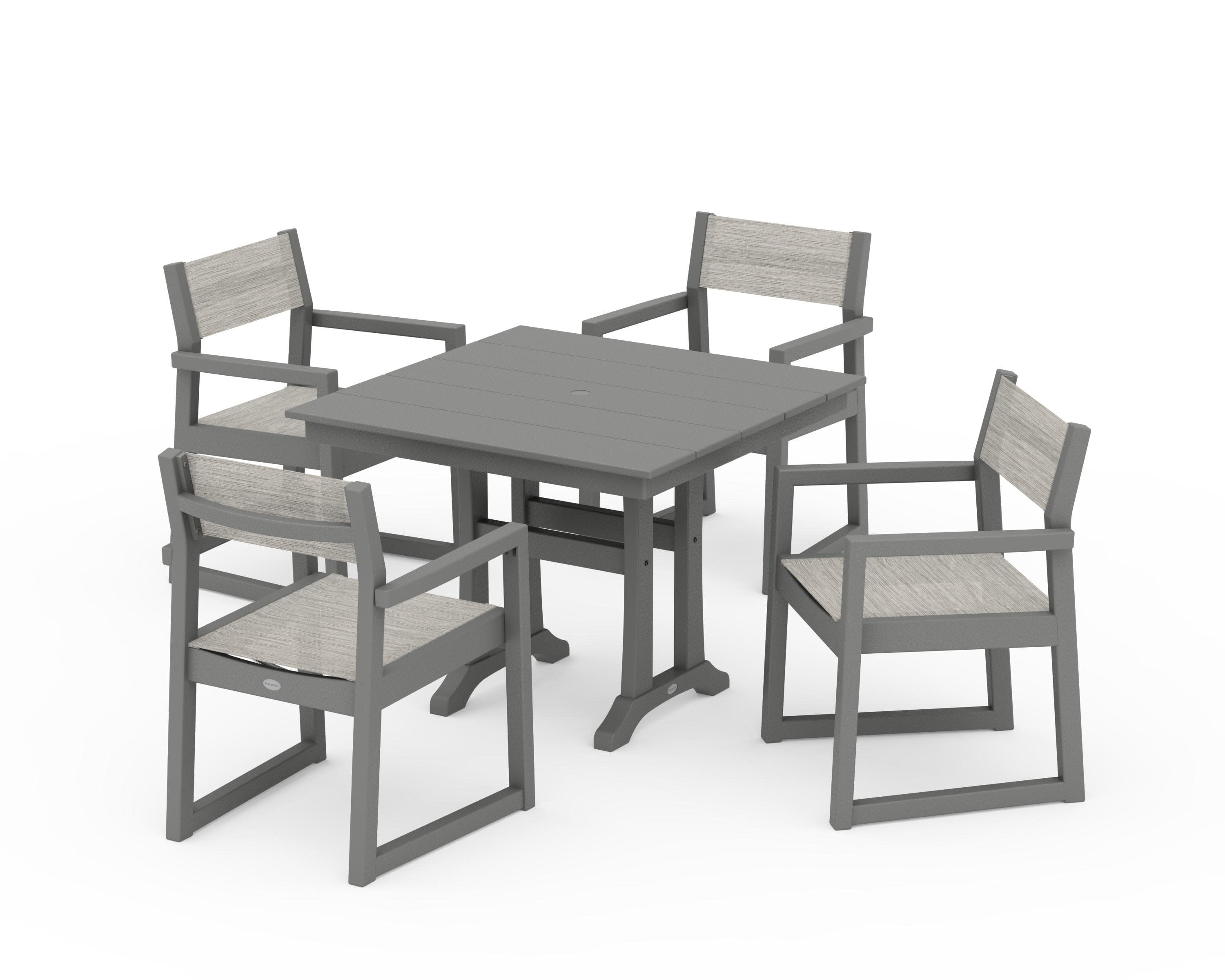 EDGE Sling 5-Piece Farmhouse Dining Set with Trestle Legs in Slate Grey / Birch Sling