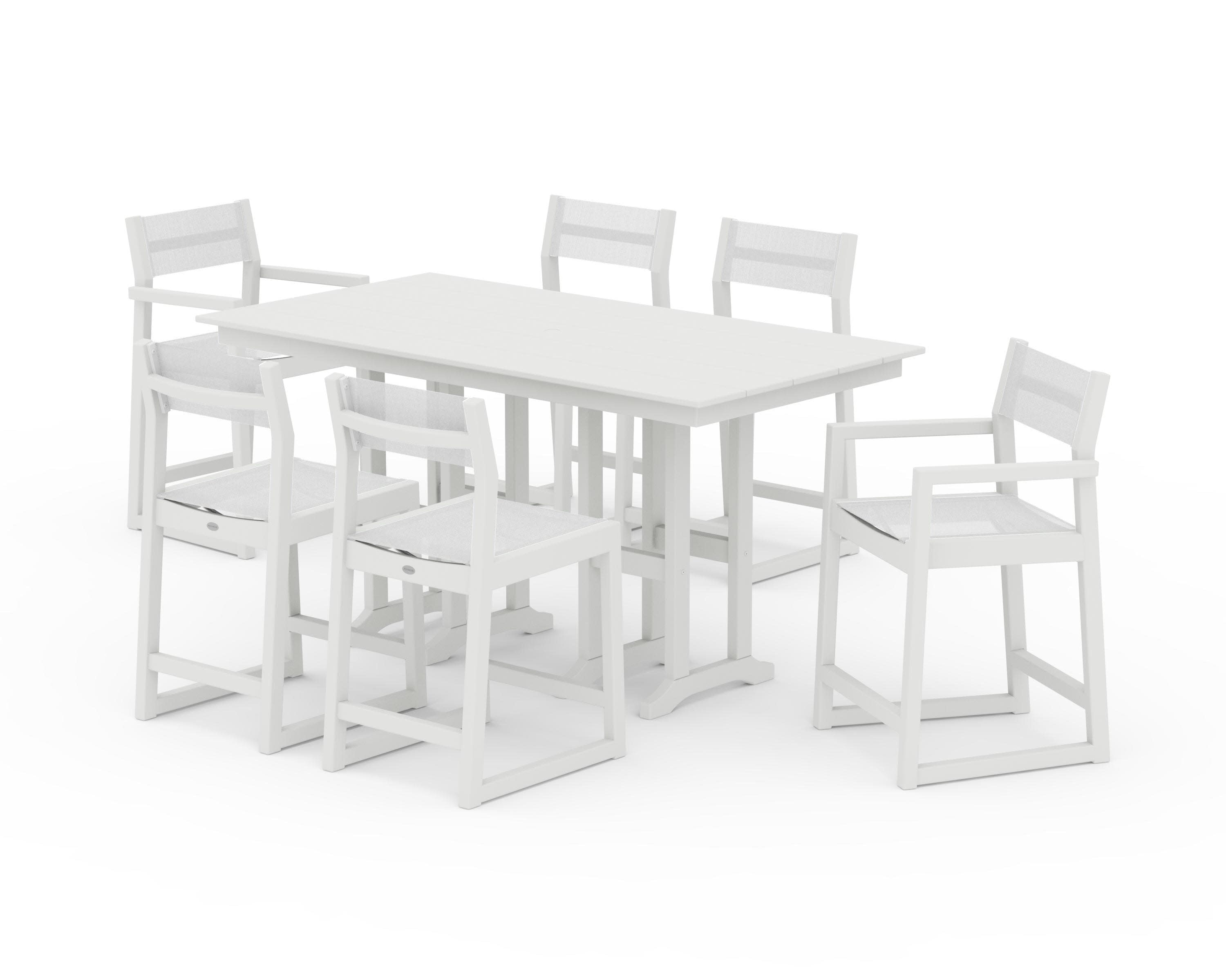 EDGE Sling 7-Piece Farmhouse Counter Set with Trestle Legs in Vintage White / White Sling